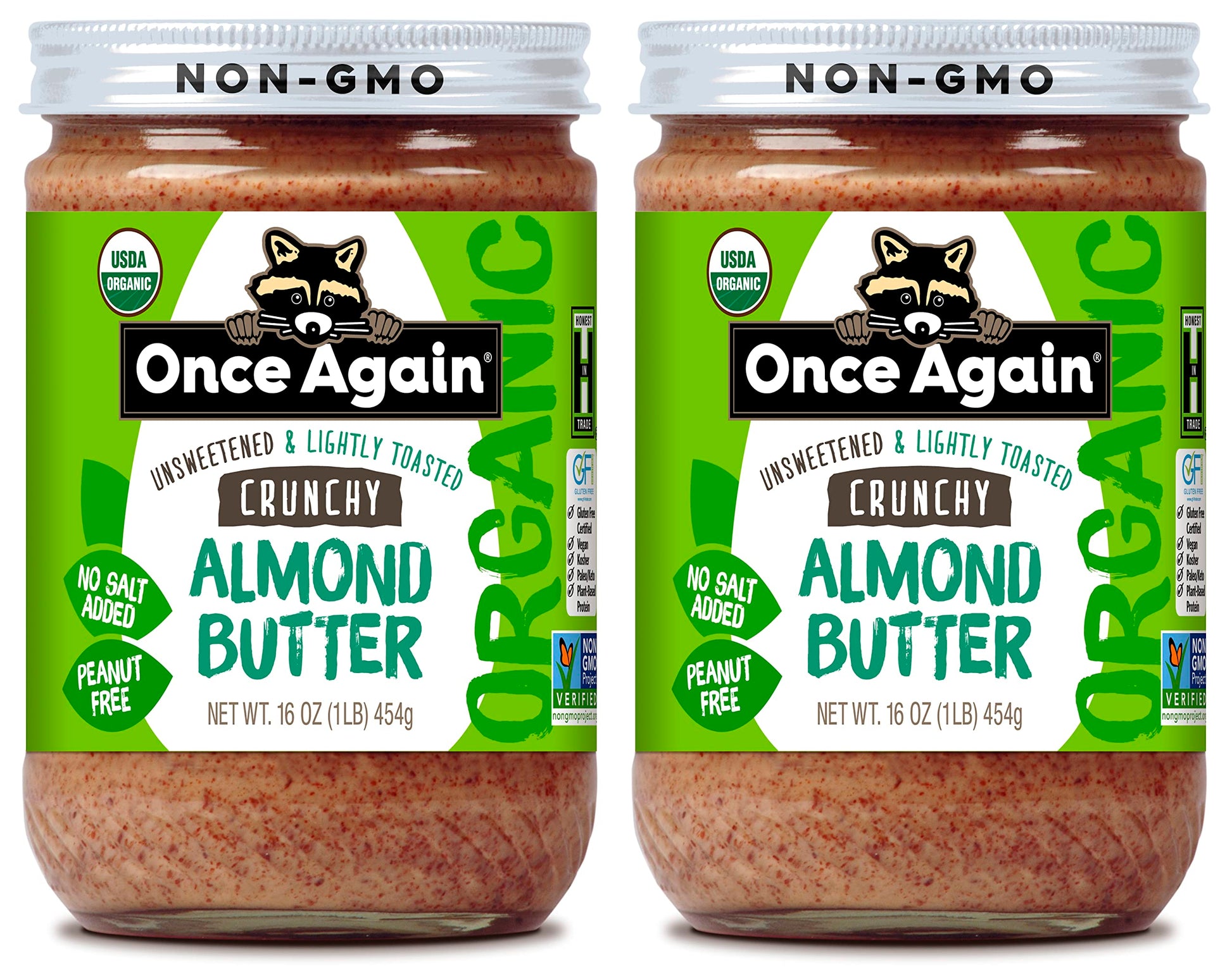 Once Again Organic Crunchy Almond Butter, 16Oz - Lightly Toasted - Salt Free, Unsweetened - Usda Organic, Gluten Free Certified, Peanut Free, Vegan, Kosher, Paleo - Glass Jar (2 Pack)