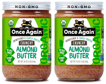 Once Again Organic Crunchy Almond Butter, 16Oz - Lightly Toasted - Salt Free, Unsweetened - Usda Organic, Gluten Free Certified, Peanut Free, Vegan, Kosher, Paleo - Glass Jar (2 Pack)