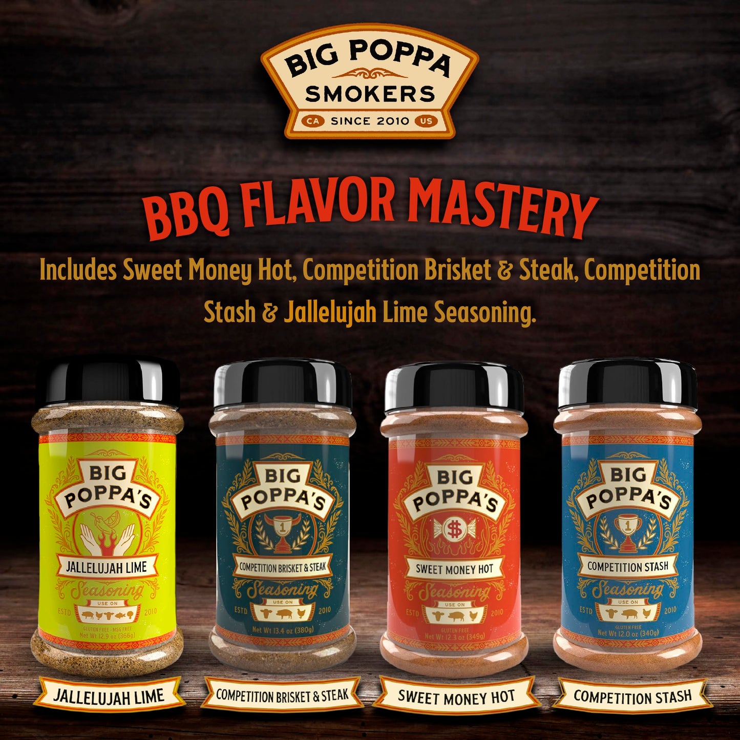 Big Poppa Smokers BBQ Seasoning 4 Pack - Sweet Heat Flavor Bundle, Includes Hot, Brisket & Steak, Stash, and Lime Seasoning