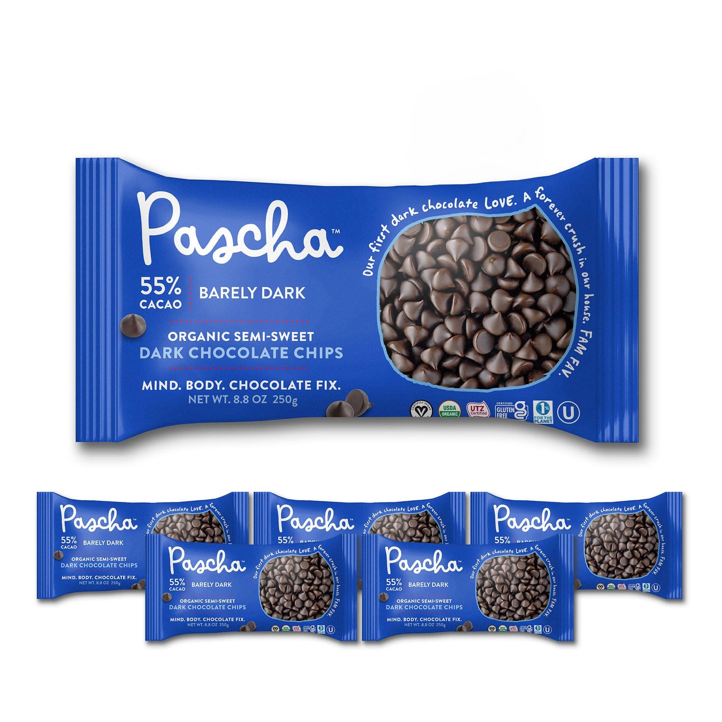 Pascha Organic Semi-Sweet Dark Chocolate Chips, 55% Cacao, Vegan, Allergen-Free, 8.8 Ounce (Pack of 6)