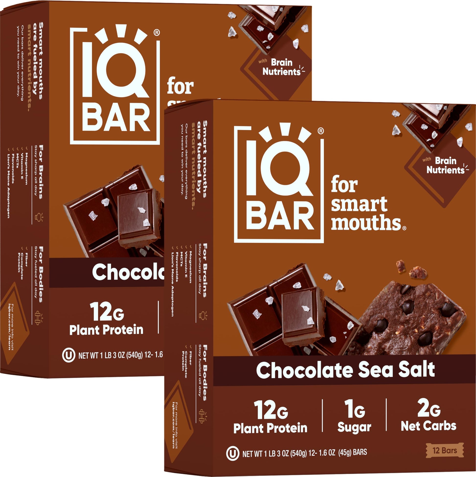 Iqbar Brain And Body Plant Protein Bars - Chocolate Sea Salt - 24 Count, Low Carb, High Fiber, Gluten Free, Vegan Snacks - Low S
