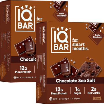 Iqbar Brain And Body Plant Protein Bars - Chocolate Sea Salt - 24 Count, Low Carb, High Fiber, Gluten Free, Vegan Snacks - Low S