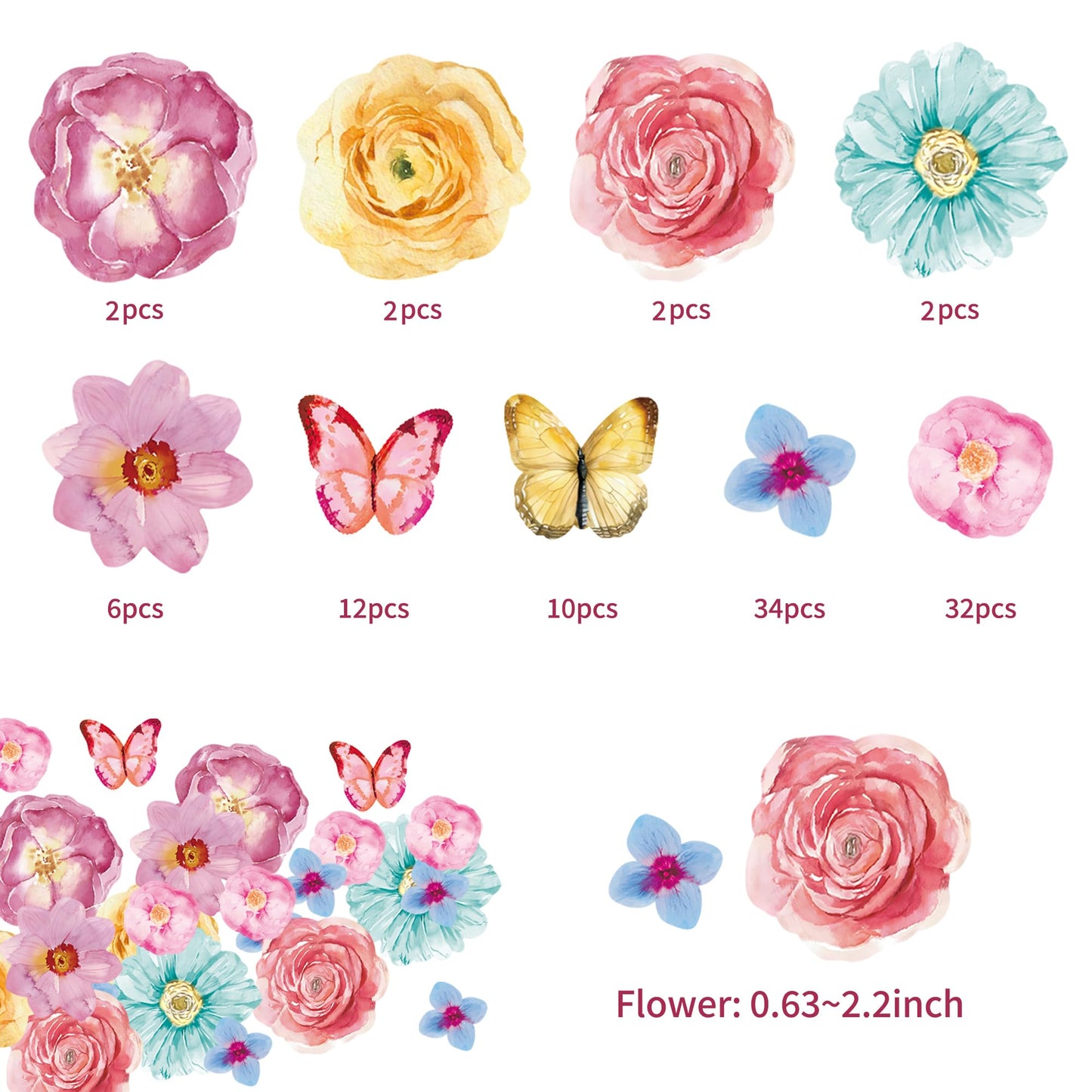 102Pcs Edible Flowers And Butterfly Cake Topper Cupcake Wafer Paper Wedding Themed Party Kids Wedding Girl Women Party Birthday