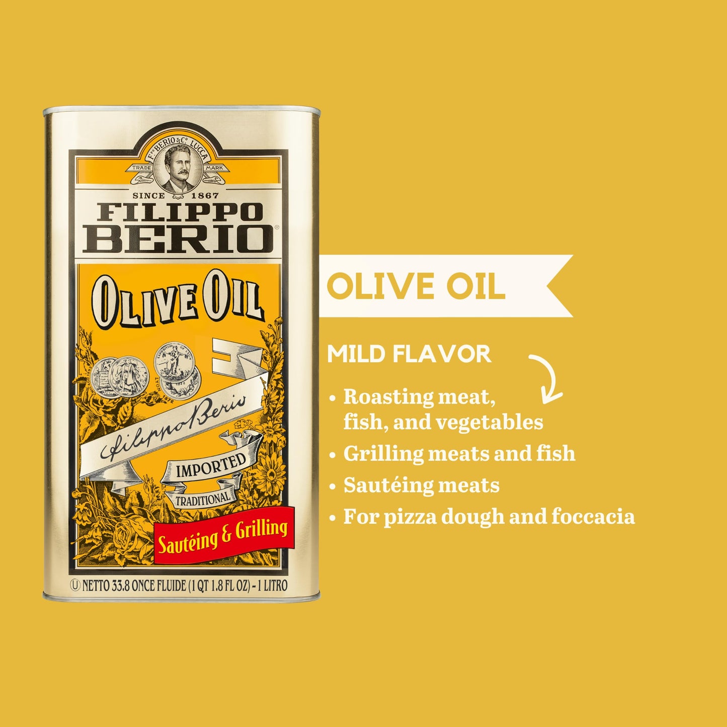 Filippo Berio Pure Olive Oil, 1 Liter Tin (33.8 Ounce)