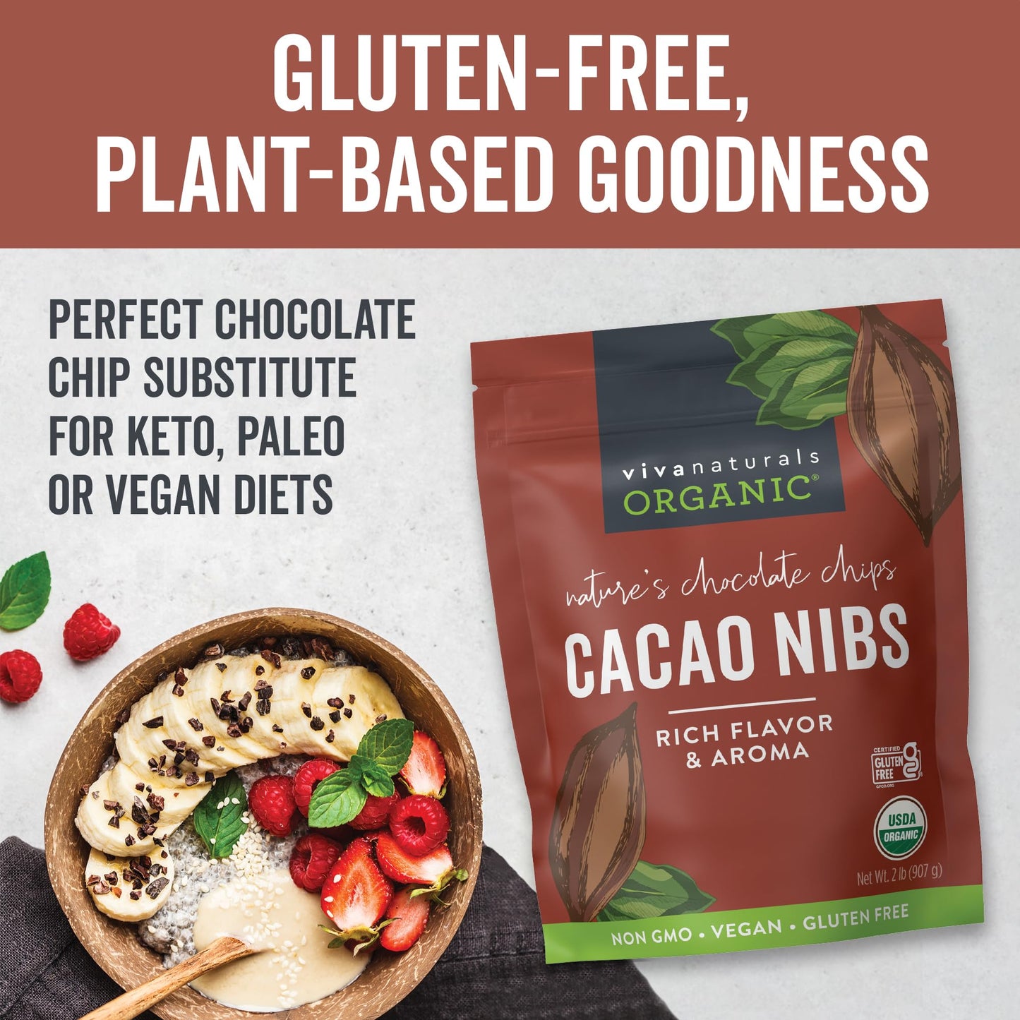 Viva Naturals Organic Cacao Nibs, 2 Lb - Certified Keto And Vegan Superfood, Perfect For Gluten Free Baking And Smoothie Topper,