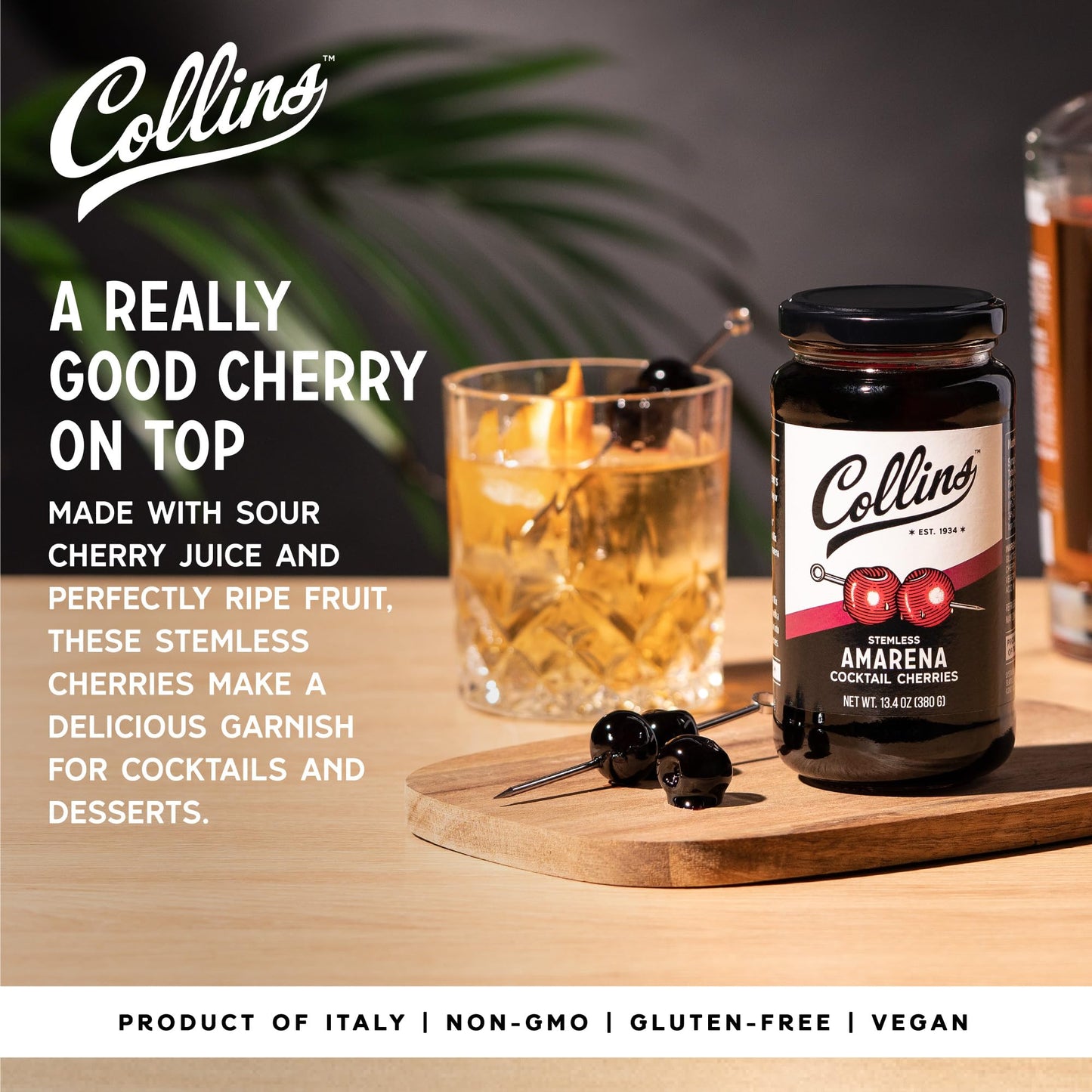 Collins Amarena Cherries in Syrup, 13.5 oz, Premium Garnish for Cocktails, Model 9407