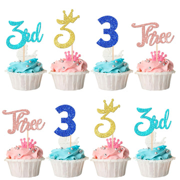 24 PCS 3rd Birthday Cupcake Toppers Glitter Crown Three Cupcake Picks Number 3 Third Birthday Cupcake Decorations for Baby Showe