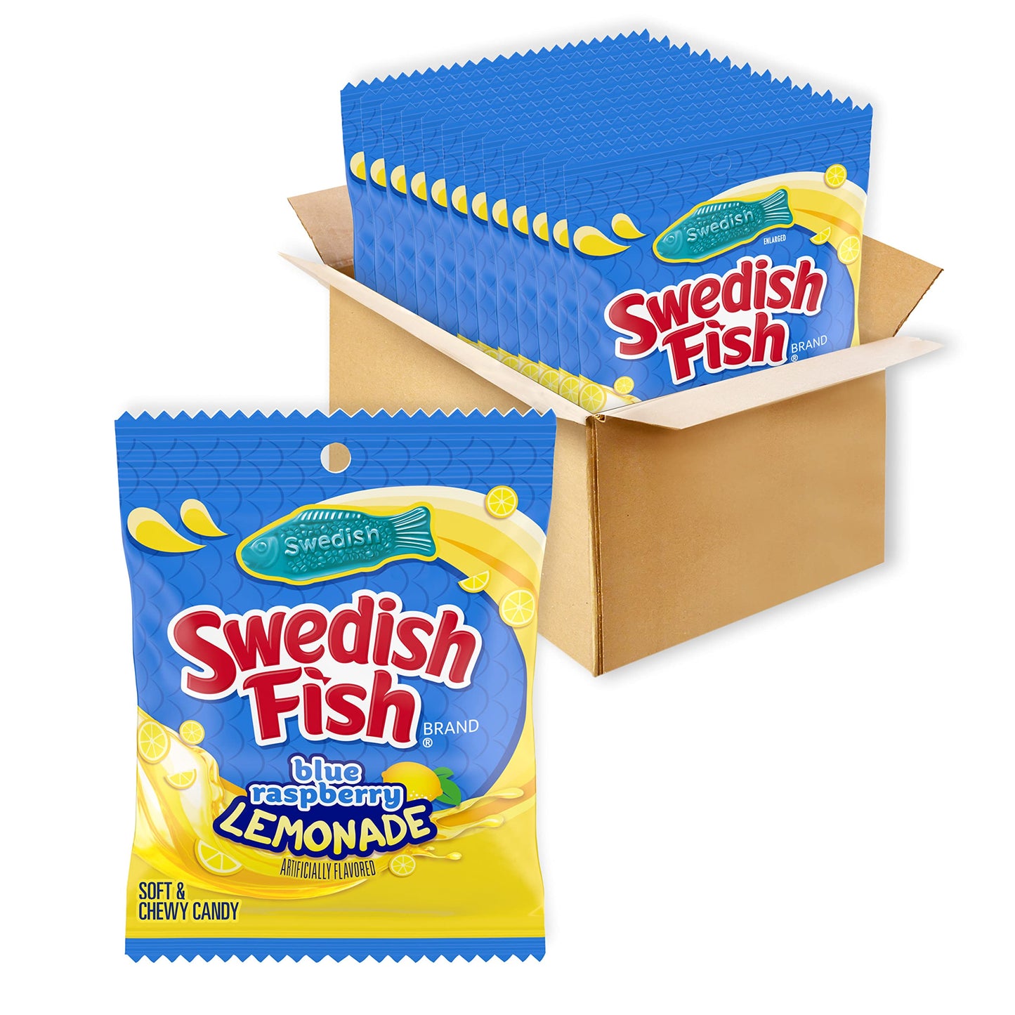 Swedish Fish Blue Raspberry Lemonade Soft & Chewy Candy, Bulk Candy, 12-3.59 Oz Bags