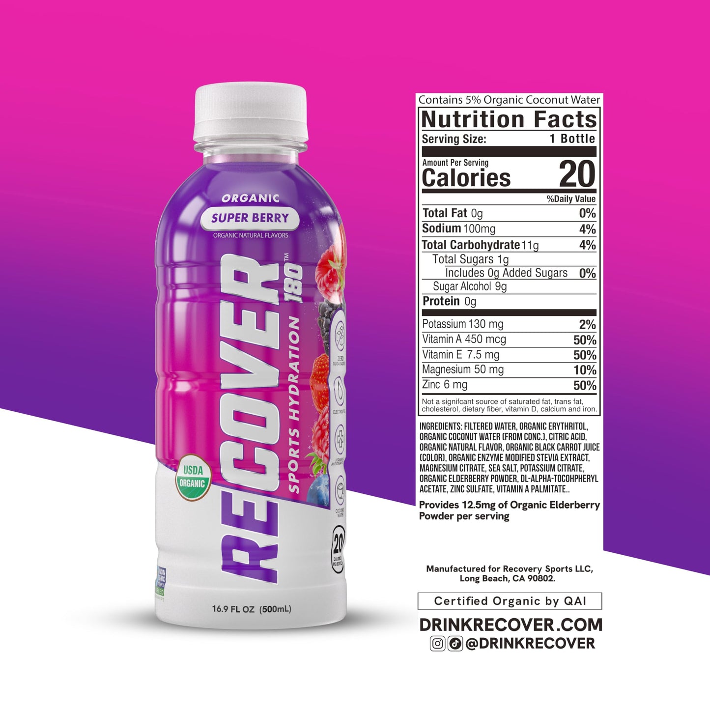 RECOVER 180 Organic Sports Hydration Drink, No Sugar Added, 15 Calories, 16.9 Fl Oz (Pack of 12), Super Berry Flavor