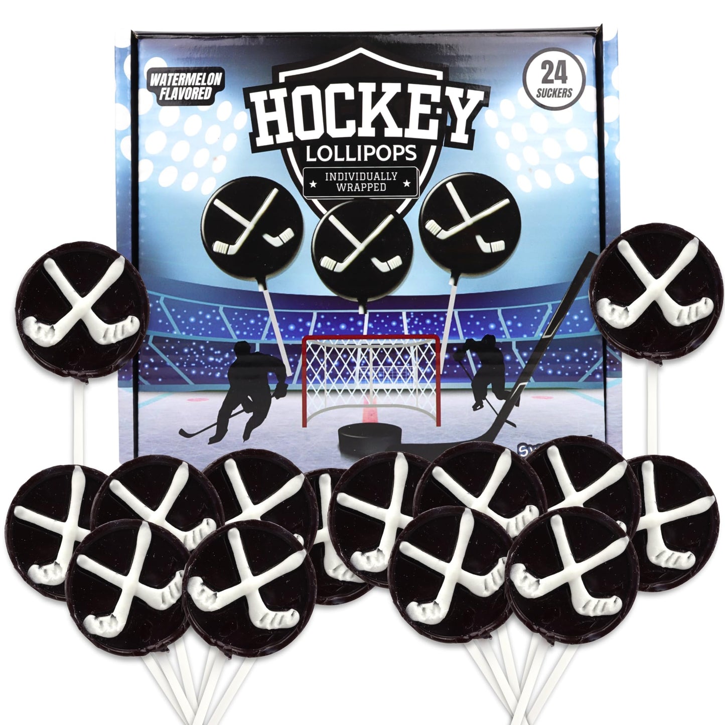 Sweetzo Hockey Puck Lollipops, Individually Wrapped Candy Party Favors, 24 Count, Ideal End of Year Team Gifts, Hockey Puck Size