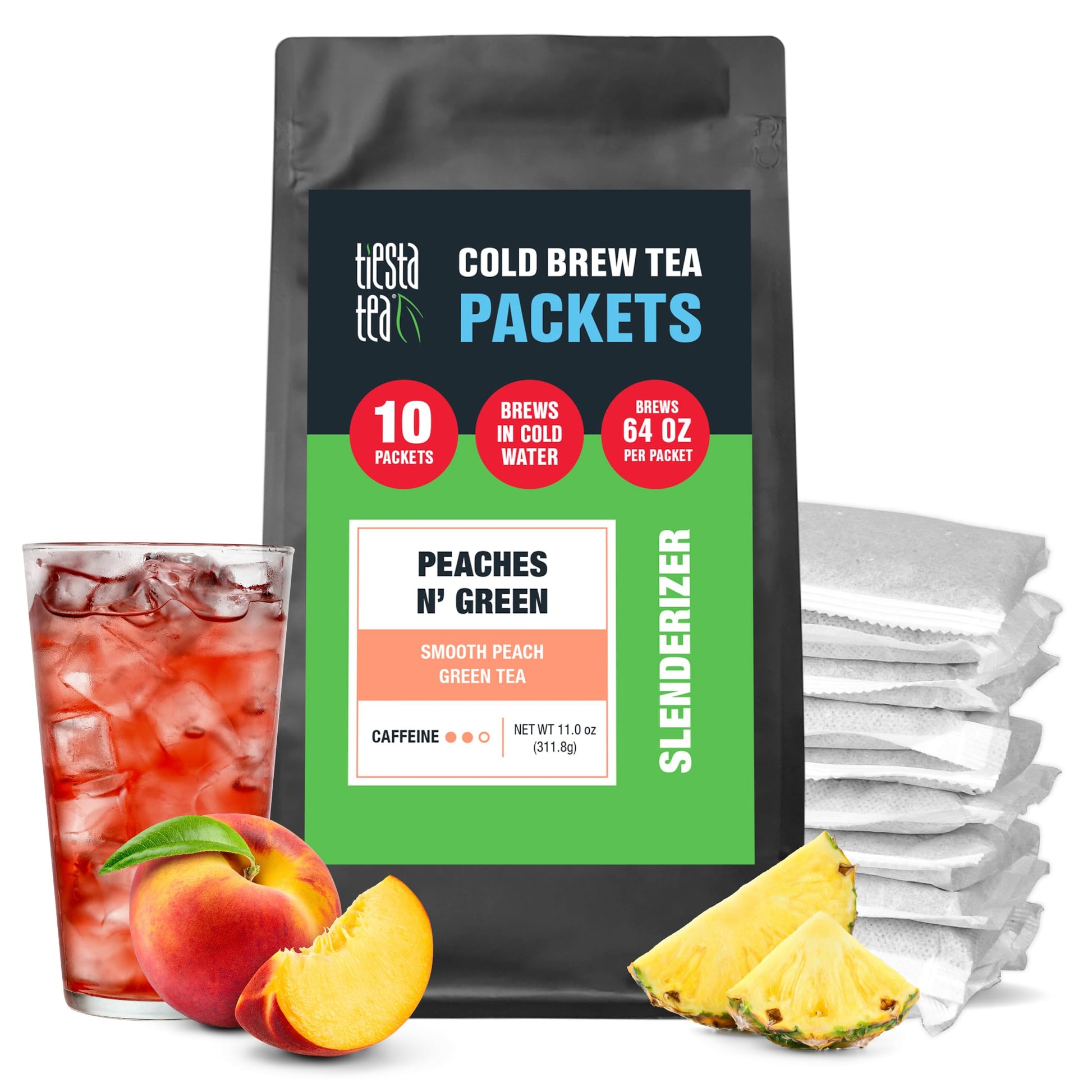 Tiesta Tea Peaches N Green Cold Brew Tea - Premium Loose Leaf - Medium Caffeinated - 2qt Pitcher Packs (Pack of 10)