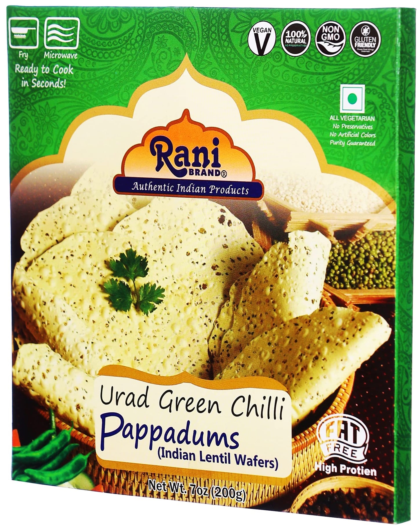 Rani Pappadums (Indian Lentil Wafer Snack) Green Chilli Papad 7Oz (200G) Approximately 15Pc, 7 Inches ~ All Natural | Gluten Fri