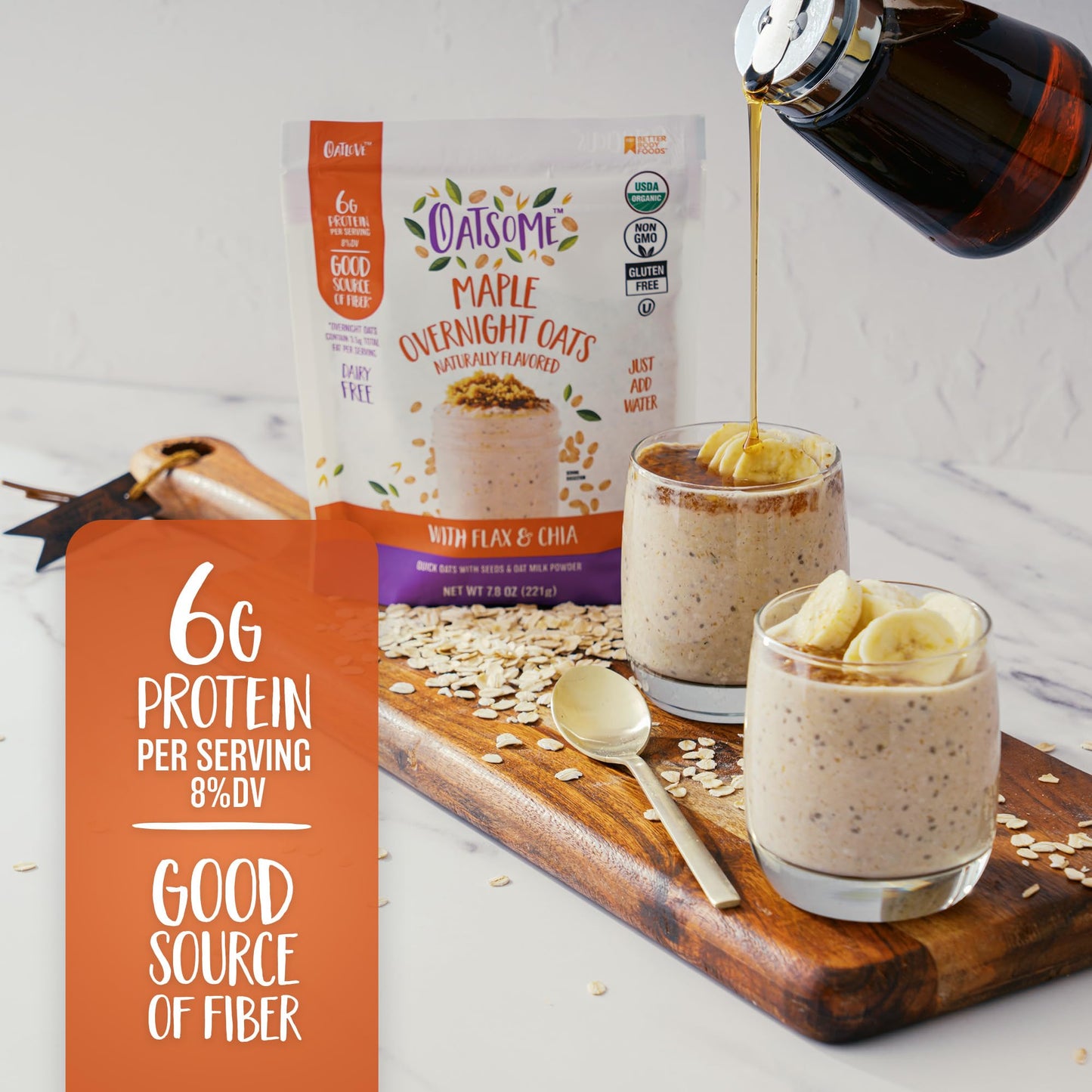 Oatsome Maple Overnight Oats with Flax and Chia, Gluten-Free Oatmeal with 6g of Protein, 7.8oz Bag