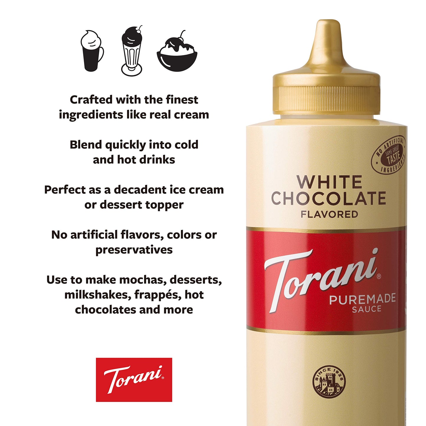 Torani Puremade Sauce, White Chocolate Flavor, Squeeze Bottle, GMO Free & Gluten Free, 16.5 Oz. 468g