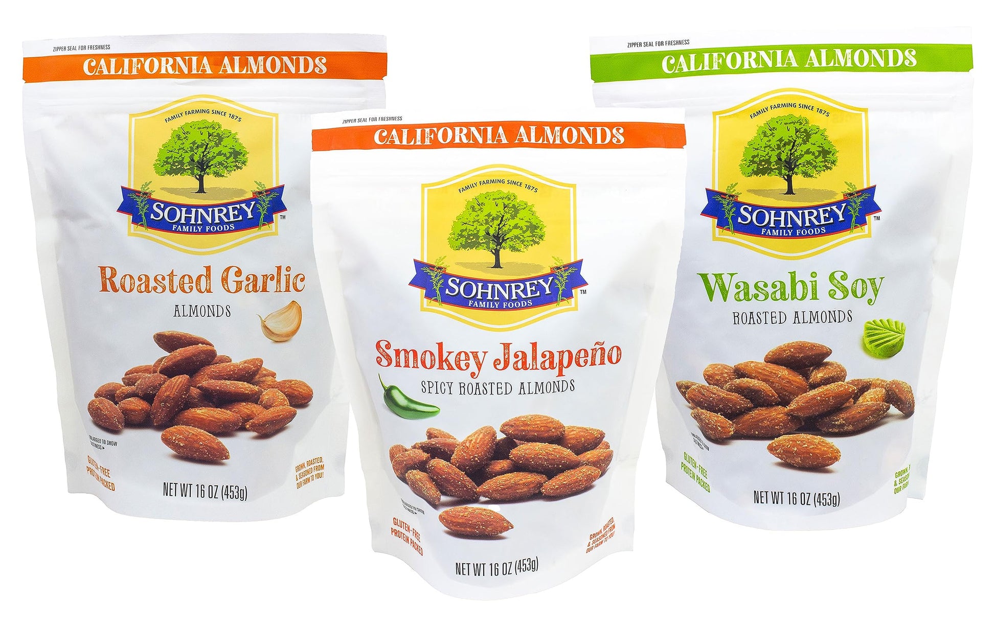 Bold Flavored Roasted Almonds - Smokey Jalapeno, Garlic, Wasabi and Soy Sauce - Holiday Party Snacks - Sohnrey Family Foods Vari