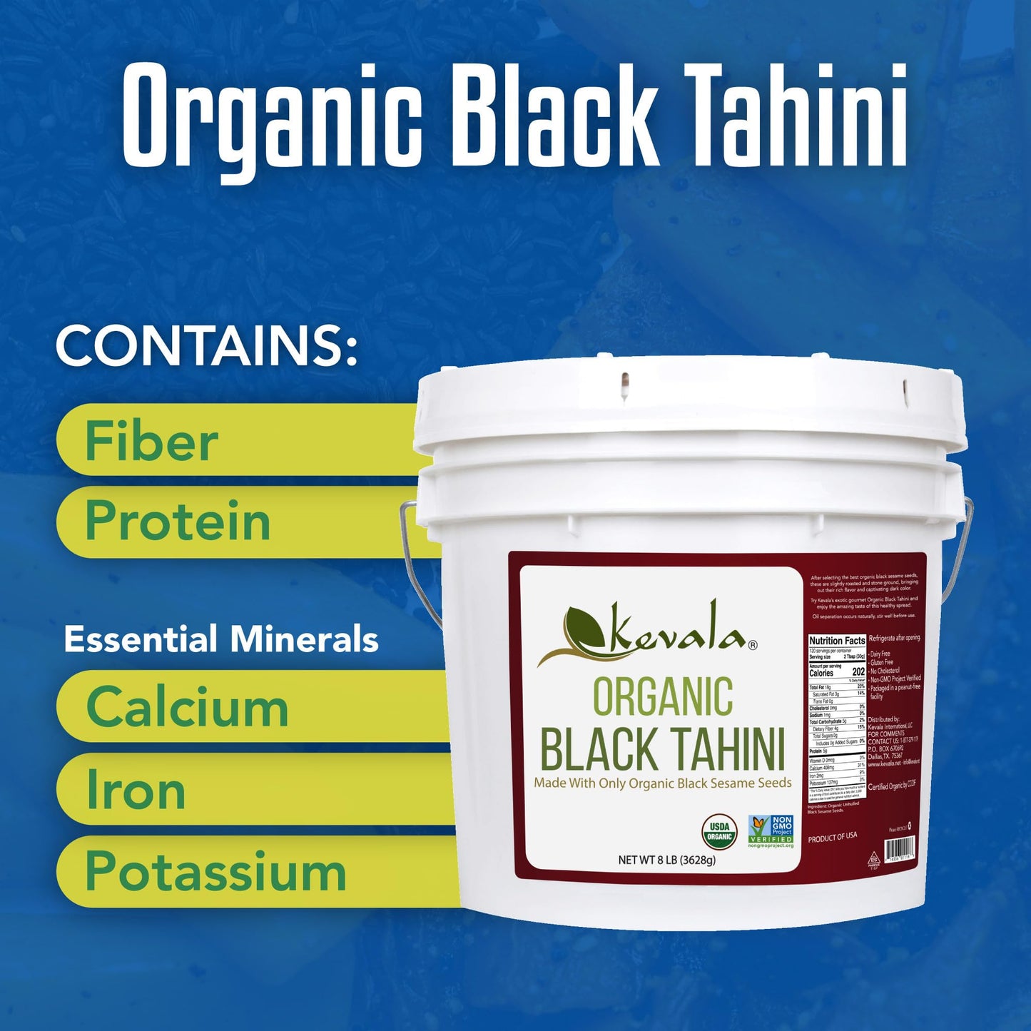 Kevala Organic Black Sesame Tahini Spread - Roasted Black Sesame Seeds - 8 lb