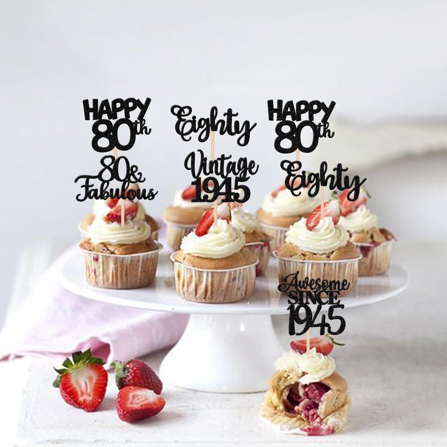 30Pcs Happy 80Th Birthday Cupcake Toppers Glitter Awesome Since 1943 Eighty 80 Fabulous Vintage 1943 Cupcake Picks For 80Th Birt