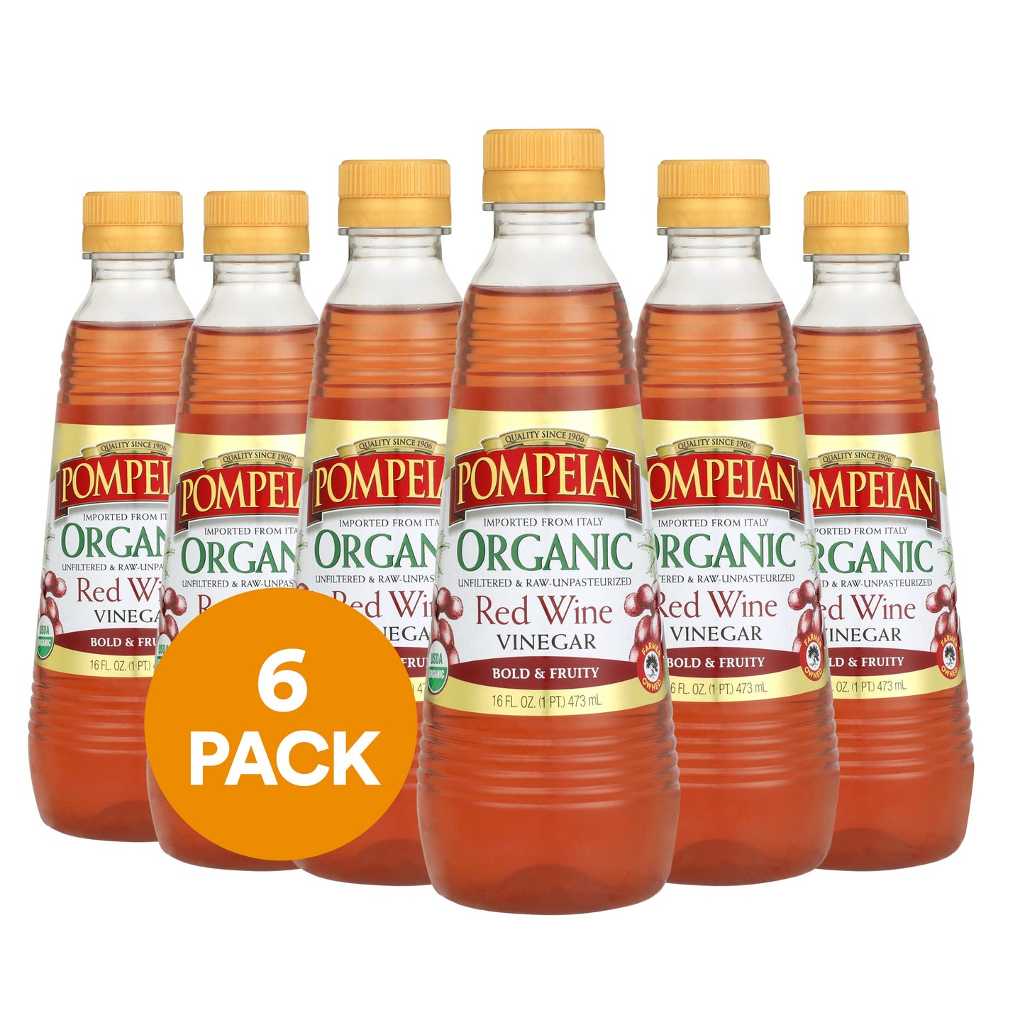 Pompeian Organic Red Wine Vinegar, Unfiltered & Unpasteurized, 16 Fl Oz, Pack of 6