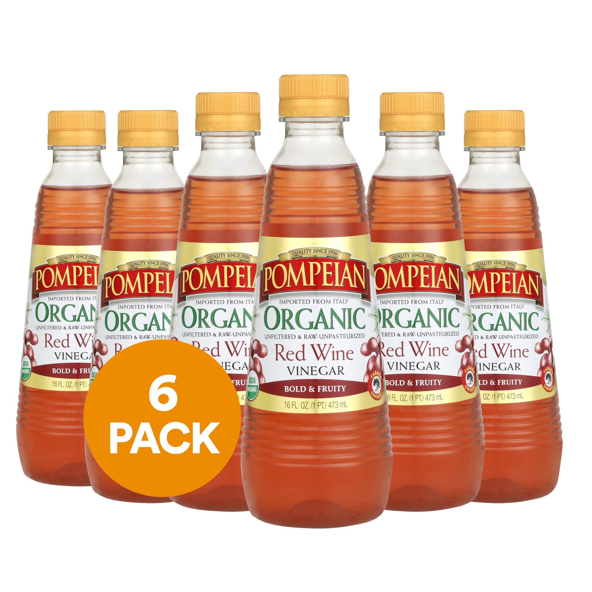 Pompeian Organic Red Wine Vinegar, Unfiltered & Unpasteurized, 16 Fl Oz, Pack of 6