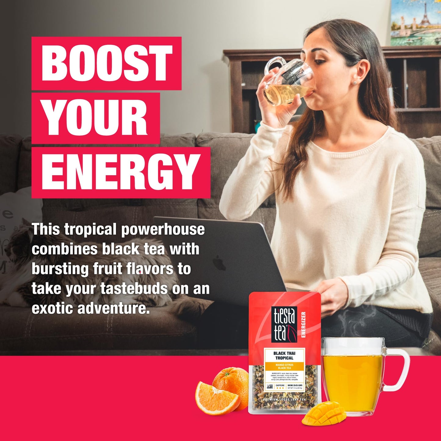 Tiesta Tea Loose Leaf Mango Citrus Black Tea, High Caffeinated, 1.9oz Pouch, Brews Up to 25 Cups, Black Thai Tropical