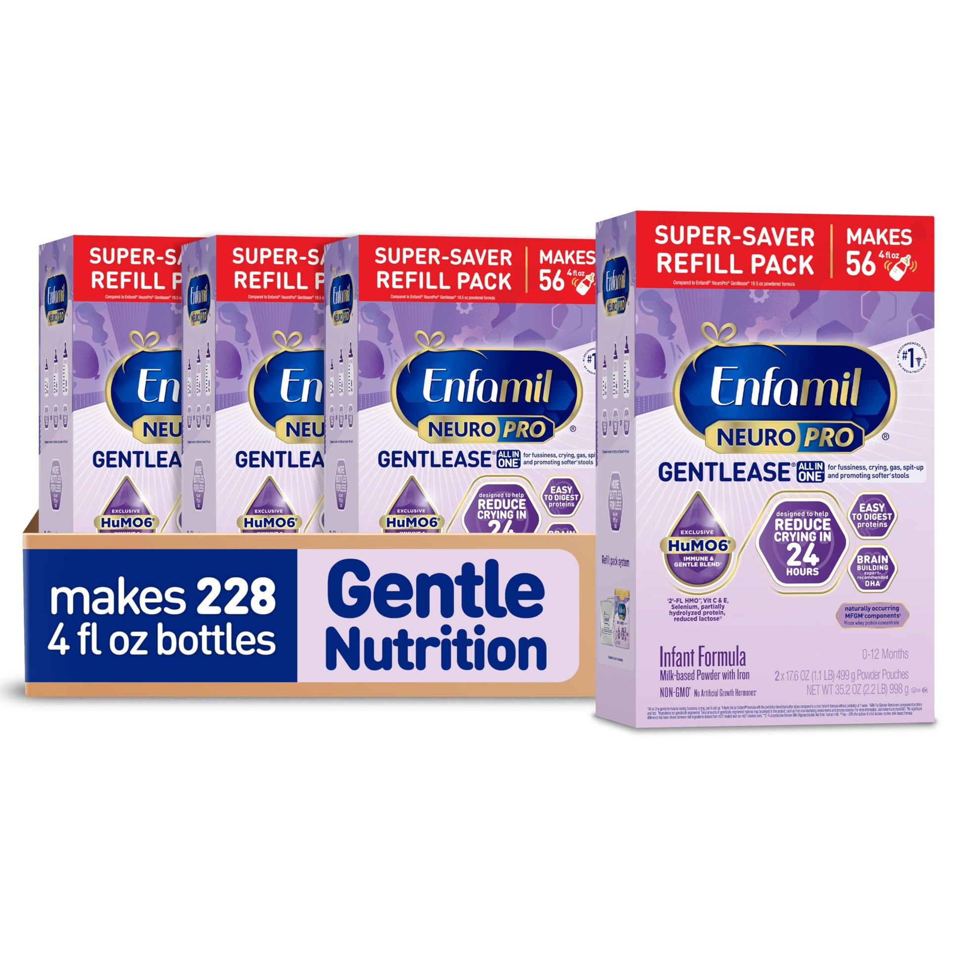 Enfamil Neuropro Gentlease Baby Formula, Brain Building Dha, Humo6 Immune Blend, Designed To Reduce Fussiness, Crying, Gas & Spit-Up In 24 Hrs, Has Prebiotics To Promote Softer Stools, Baby Milk, 35.2 Oz (Pack Of 4)