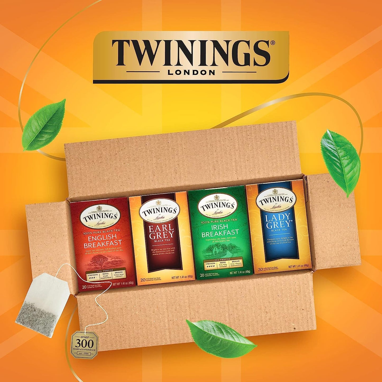 Twinings Variety Pack Black Tea Bags, 20 Count (Pack of 4), Includes English Breakfast, Earl Grey, Irish Breakfast, and Lady Gre
