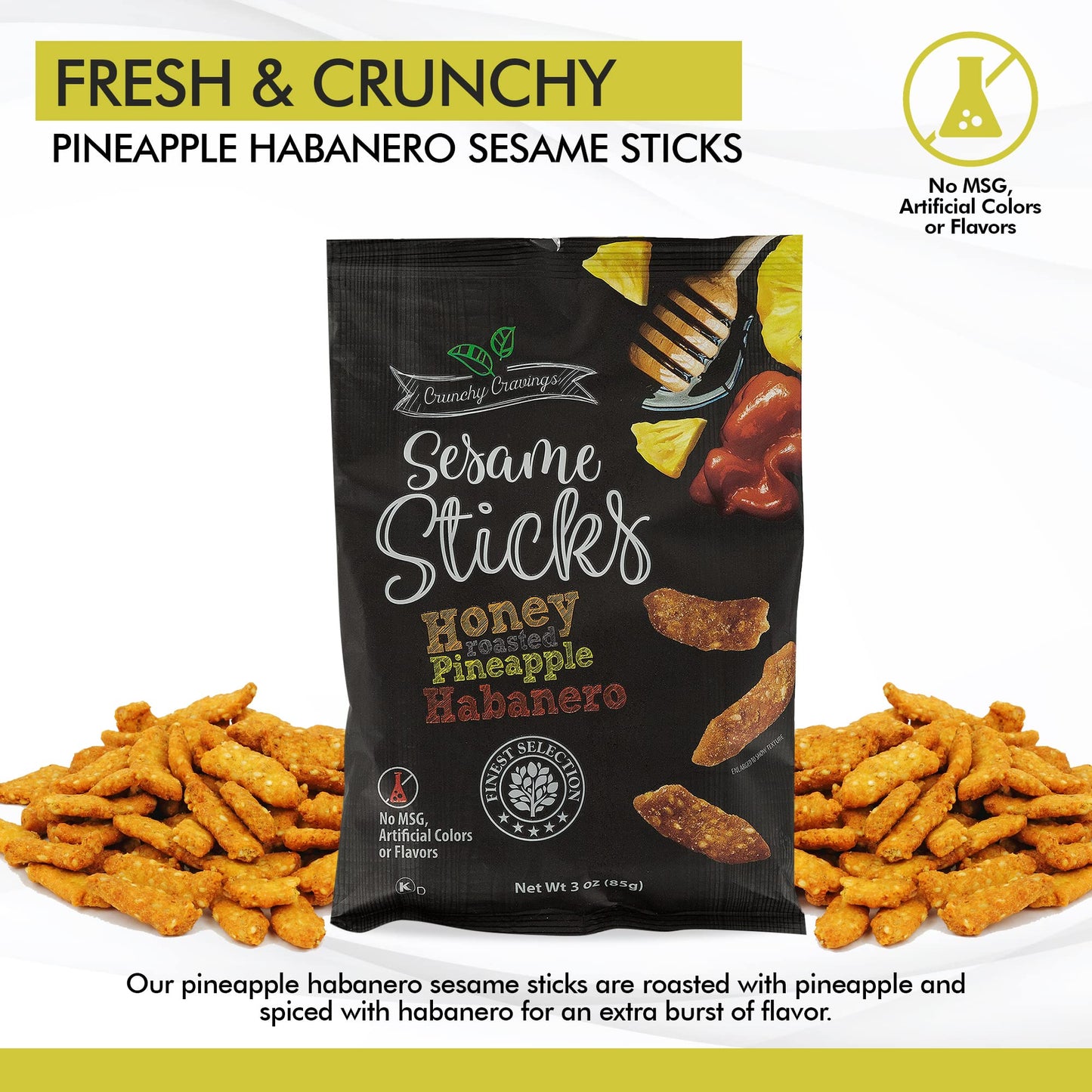Crunchy Cravings Sesame Sticks, Honey Roasted Pineapple Habanero, 12-Pack of 3oz Snack Bags, Total 36oz