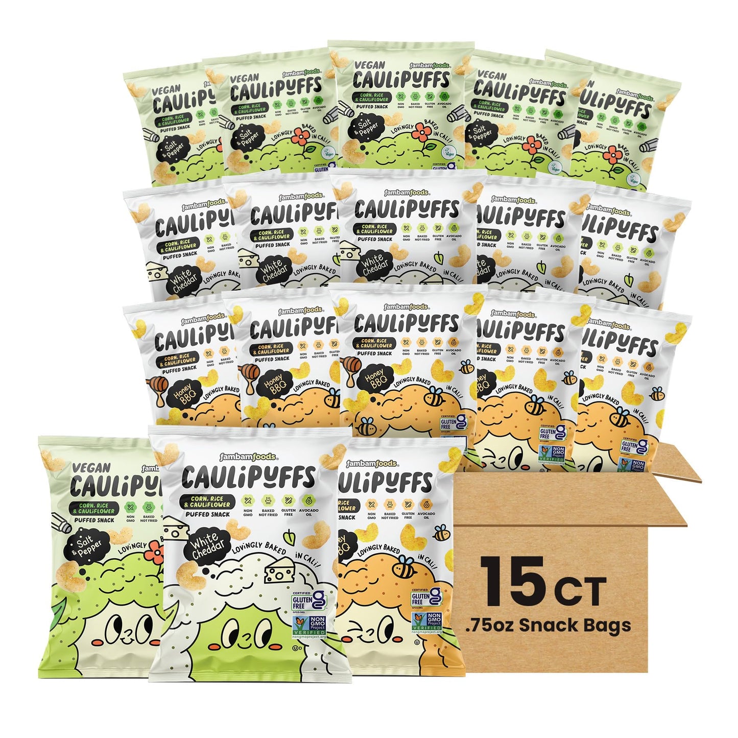 CauliPuffs - Corn, Rice, and Cauliflower Gluten Free Puffed Snack (15 x 0.75oz Bags, Variety Pack)