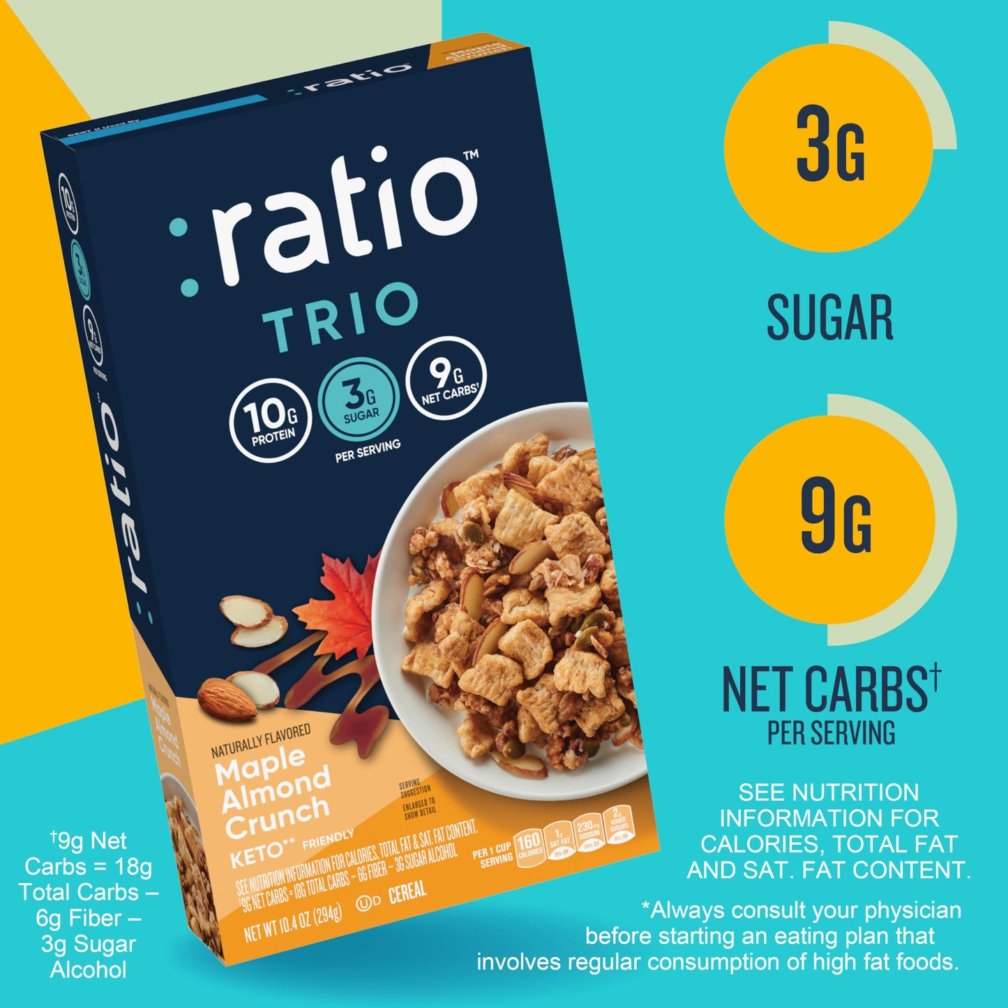 Ratio Maple Almond Crunch Cereal, Keto Friendly, 10g Protein, 10.4 oz