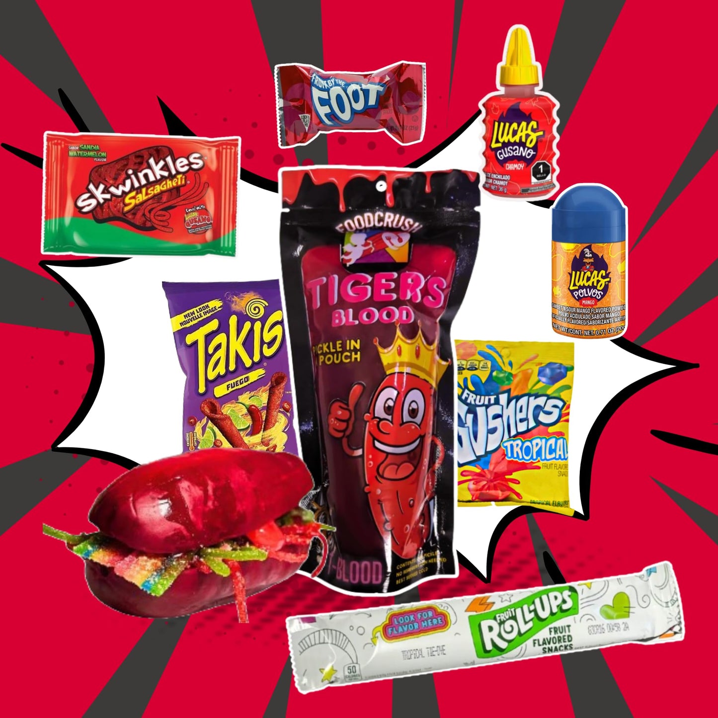 Tigers Blood Pickle Kit With Mexican Candy (Dulces Mexicano) Gift Pouch With Takis, Fruit By The Foot, Fruit Roll-Up, Lucas Wate