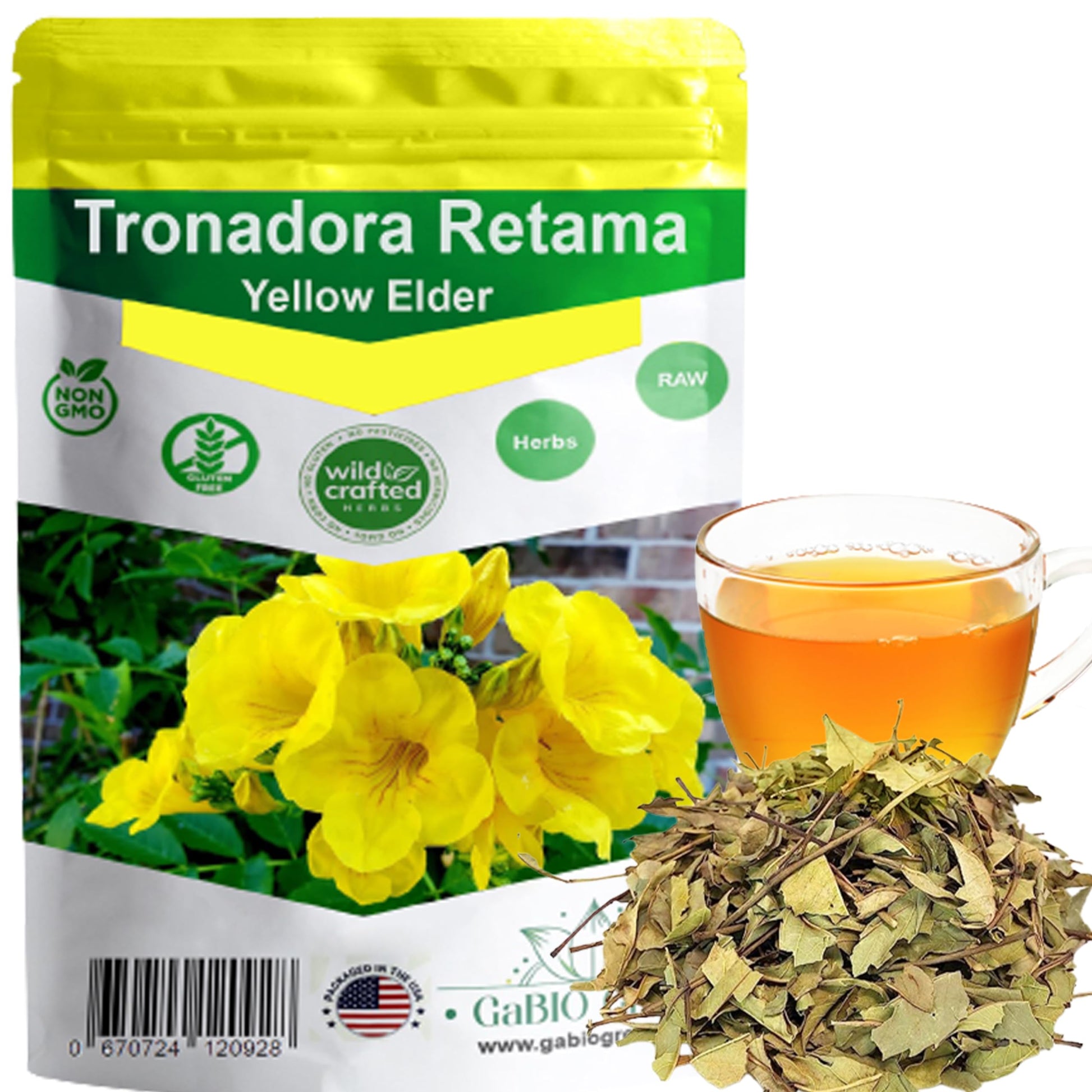 Gabio Green-Tronadora Retama, 16 Oz/ 1 Pound Gr Premium Quality Tronadora Tea, Resealeble Bag, Yellow Elder Herbs, Tronadora Hie