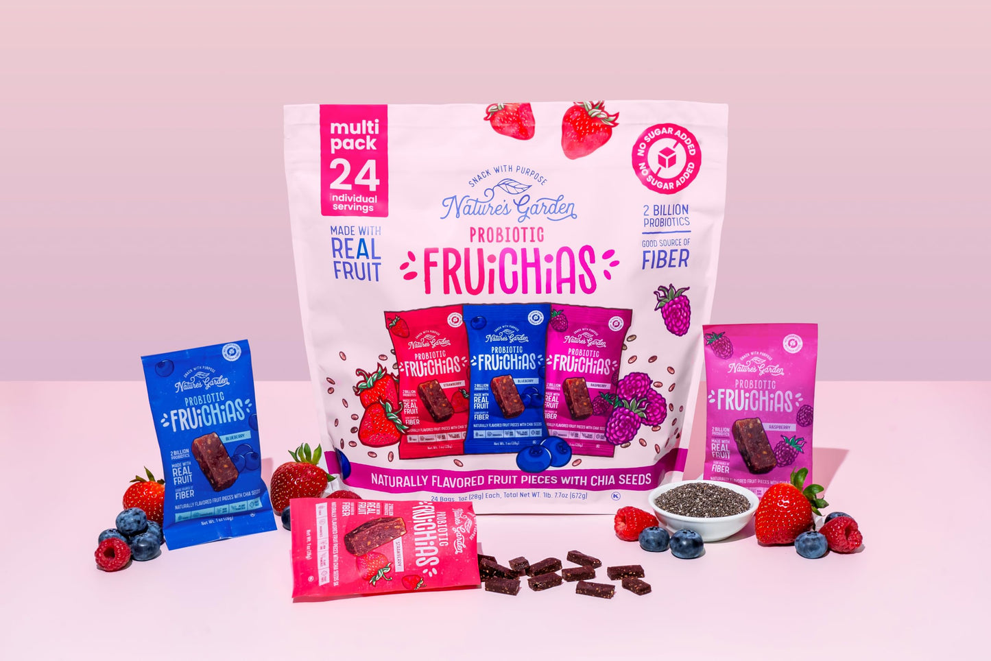 Nature'S Garden Probiotic Fruichias Variety Pack - 24 Pack X 1Oz, Probiotic Fruit Snack With Chia Seeds, Strawberry, Blueberry,