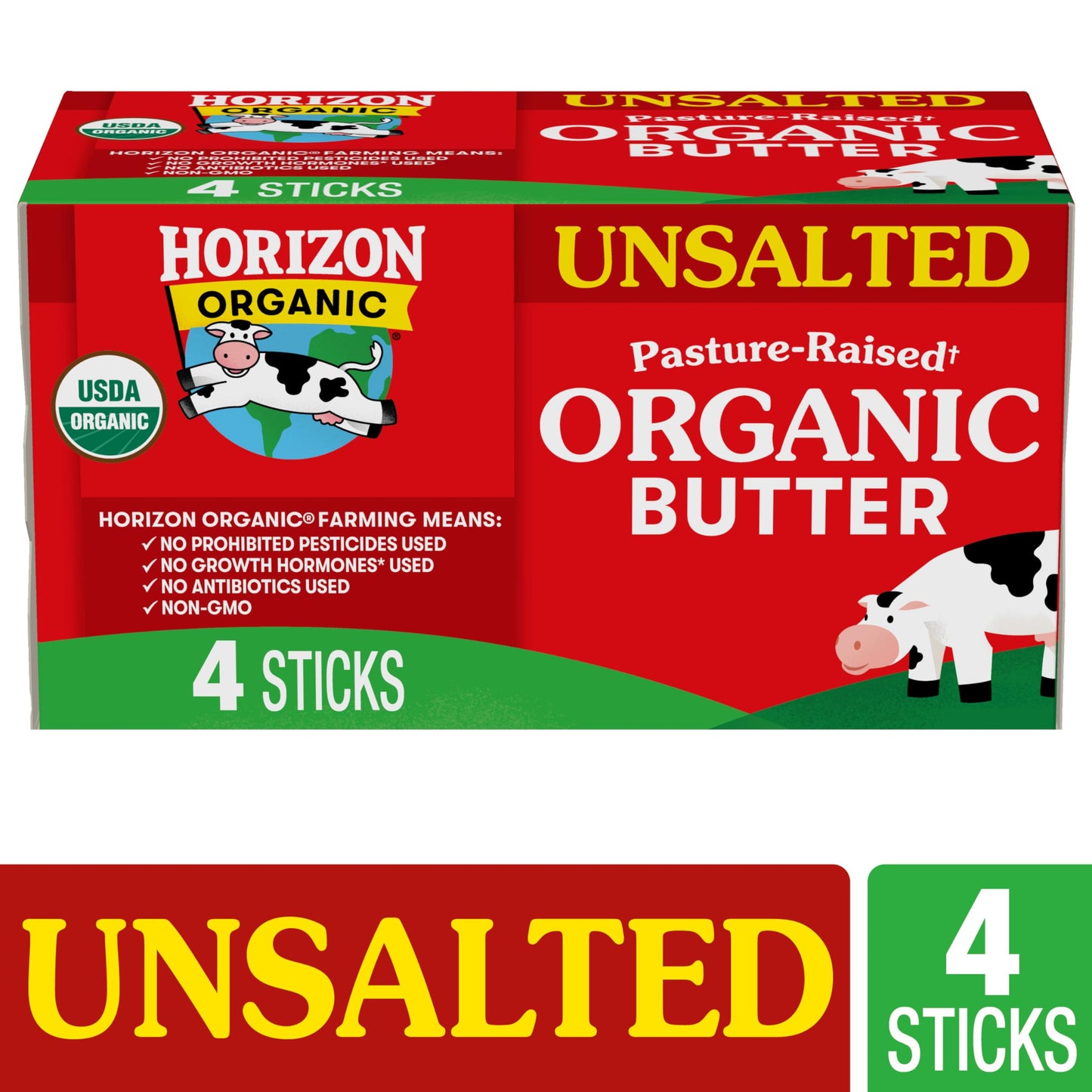 Horizon Organic Unsalted Butter Sticks, Made with Organic Sweet Cream, Great for Baking, Cooking and Caramelizing, 16 oz, 4 Stic