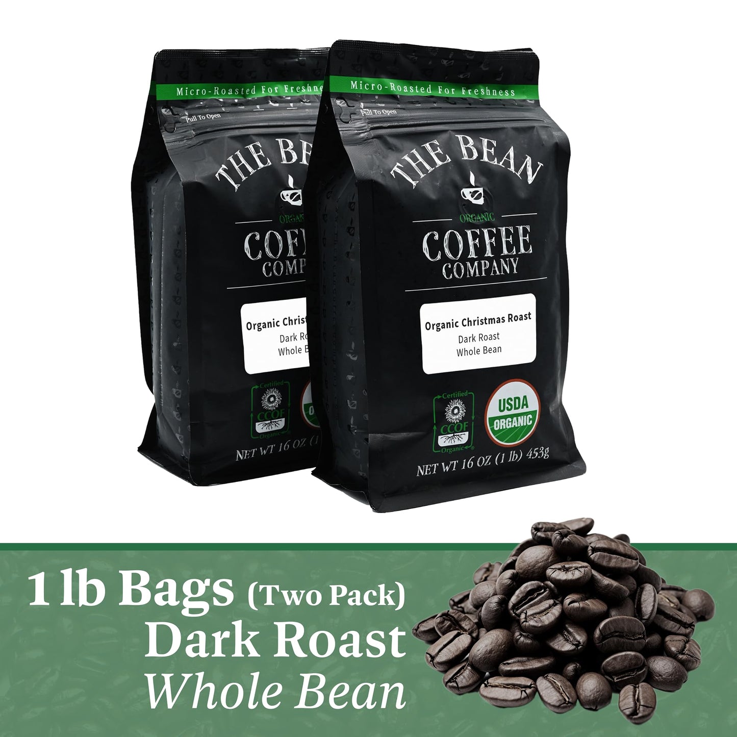The Bean Organic Coffee Company Christmas Roast, Dark Roast, Whole Bean Coffee, 16-Ounce Bags (Pack Of 2)