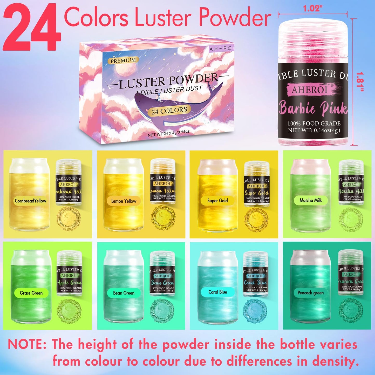 Aheroi Edible Glitter Set, 24 Colors Luster Dust Sprinkles, 4g Each, Multicolor