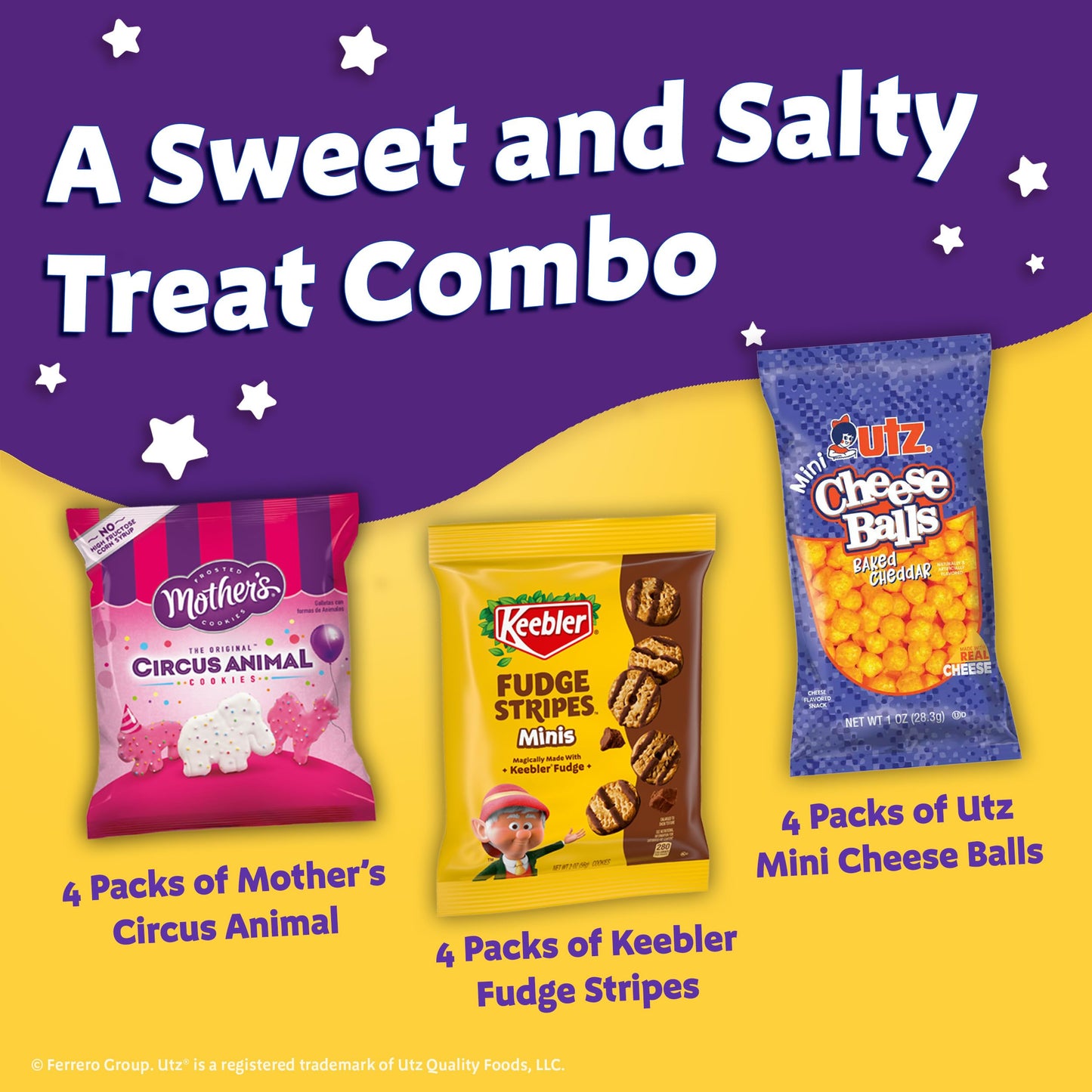 Keebler Sweet & Salty Mix, Keebler Fudge Stripes, Mothers Circus Animals, Utz Mini Cheese Balls, 1 Oz. (Pack of 12)
