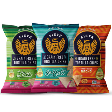 Siete Grain Free Tortilla Chips | Gluten Free Chips | Paleo & Vegan Snacks | Non GMO | Variety Pack, Lime, Sea Salt, Nacho, 5 Ou
