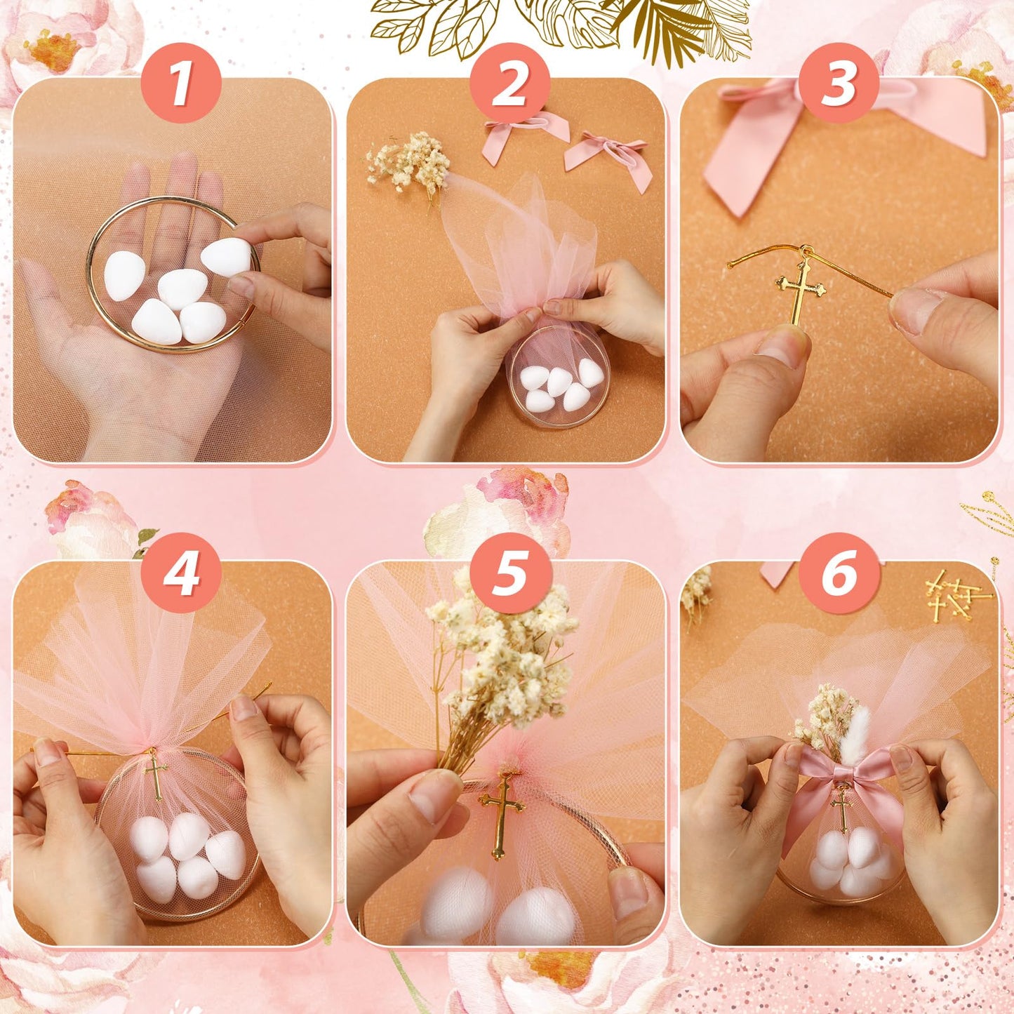 Geelin 24 Set Baptism Almond Candy Favors Christening Tulle Bags Rings Ribbion DIY Party Candy Bags First Communion Favors for G