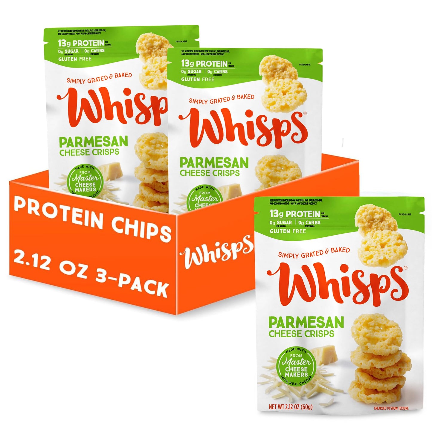 Whisps Cheese Crisps Parmesan Cheese | Protein Chips | Gluten Free, Low Carb | 2.12 Oz, 3 Pack