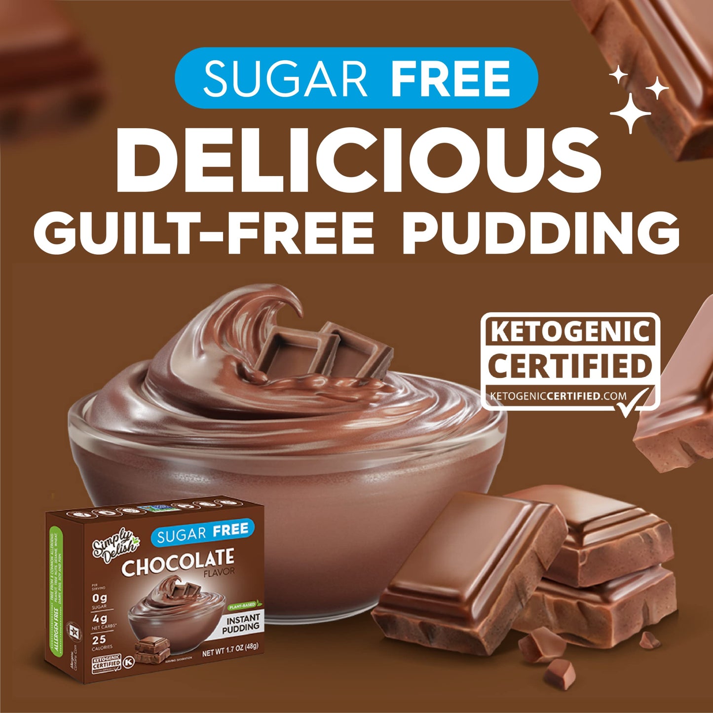 Simply Delish Instant Chocolate Pudding Mix - Plant Based Guilt Free Desserts - All Natural, Sugar Free, Non Gmo, Gluten Free, F