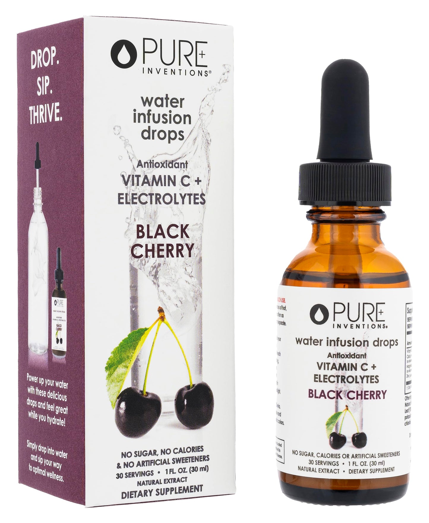 Pure Inventions - Black Cherry Water Infusion Drops - Antioxidants  Vitamin C & Electrolytes -Health & Wellness Drink -Immunity Support -Sugar Free  Zero Calorie  No Artificial Sweeteners -30 Servings