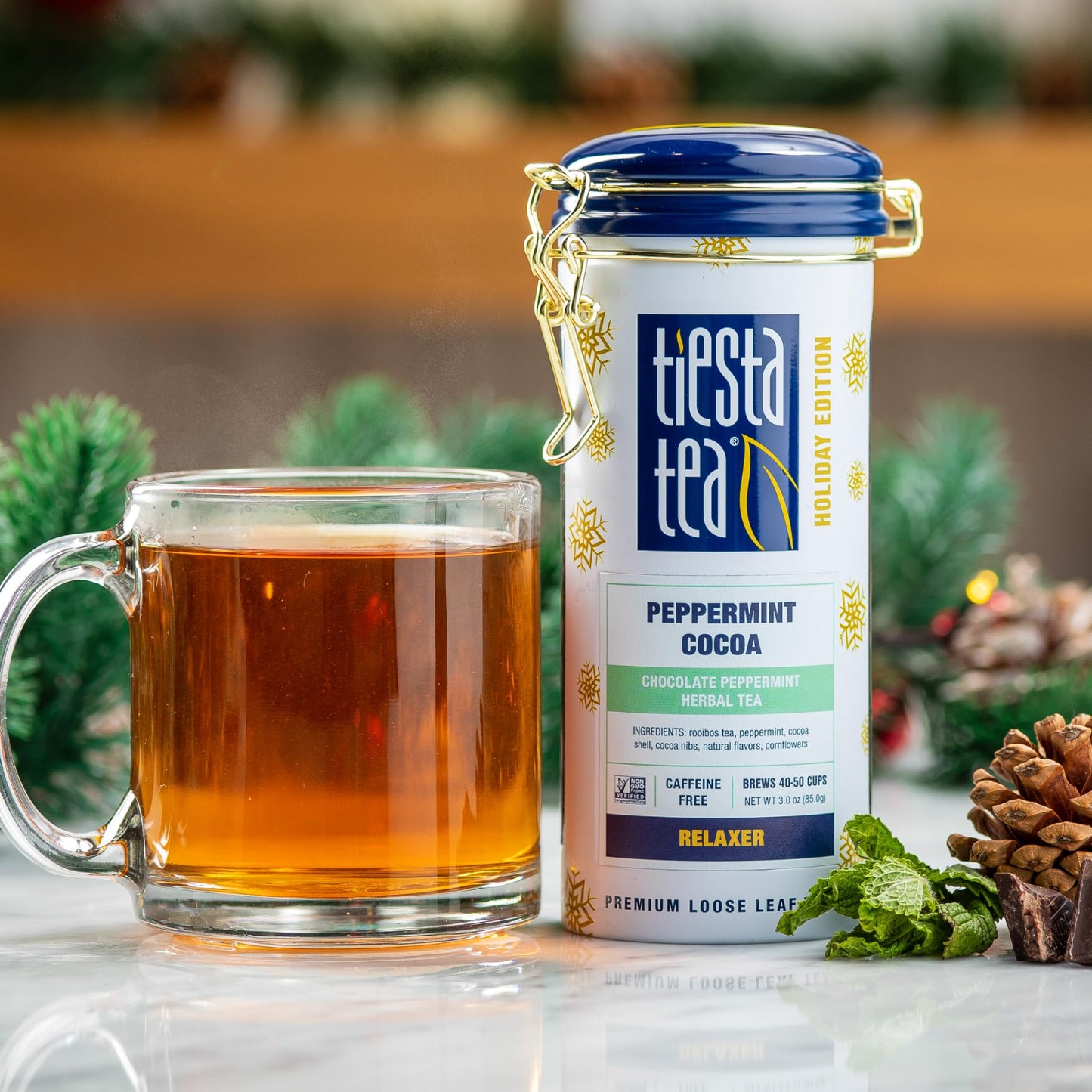 Tiesta Tea Cozy Peppermint Cocoa Herbal Tea - Non Caffeinated, 3 oz Refillable Tin, Makes Up to 50 Cups