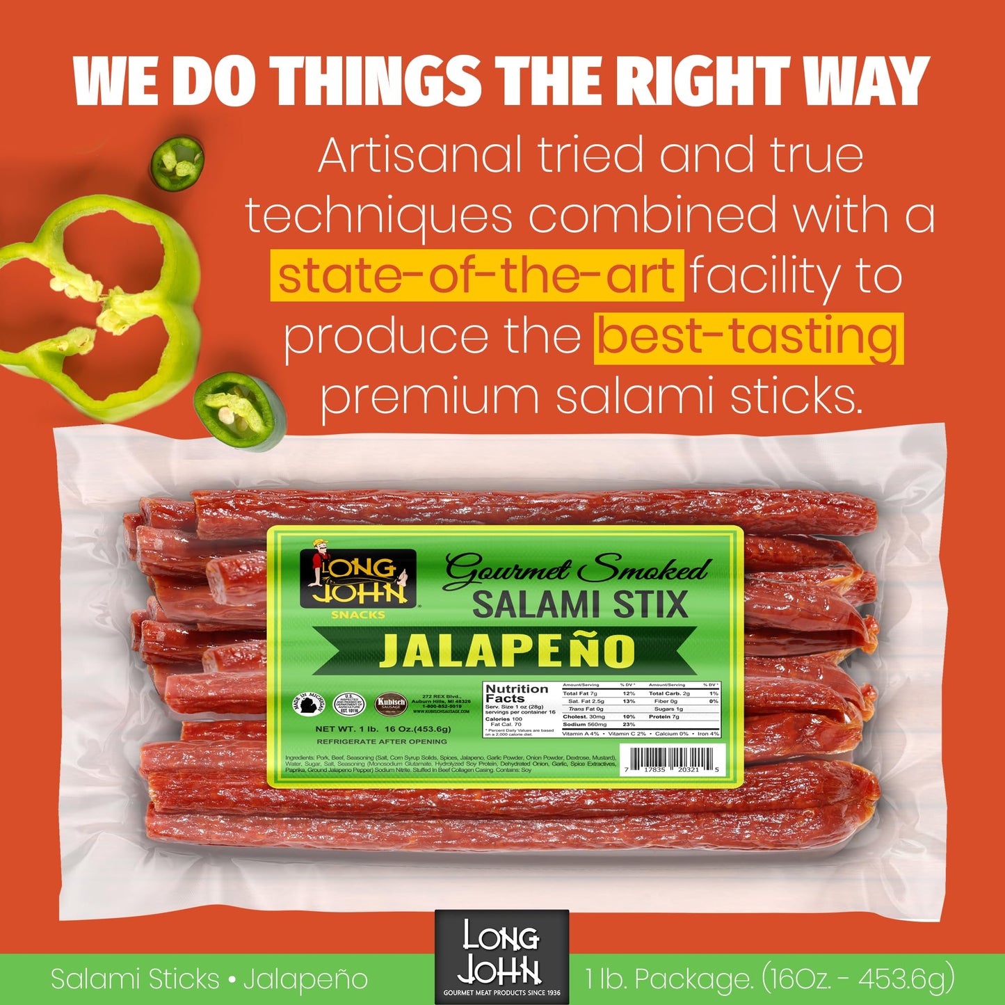 Long John Snacks Dried Salami Sticks - High Protein, Low Carb, Gluten-Free, Keto - 16 Oz Bulk Pack - Jalapeno Flavor