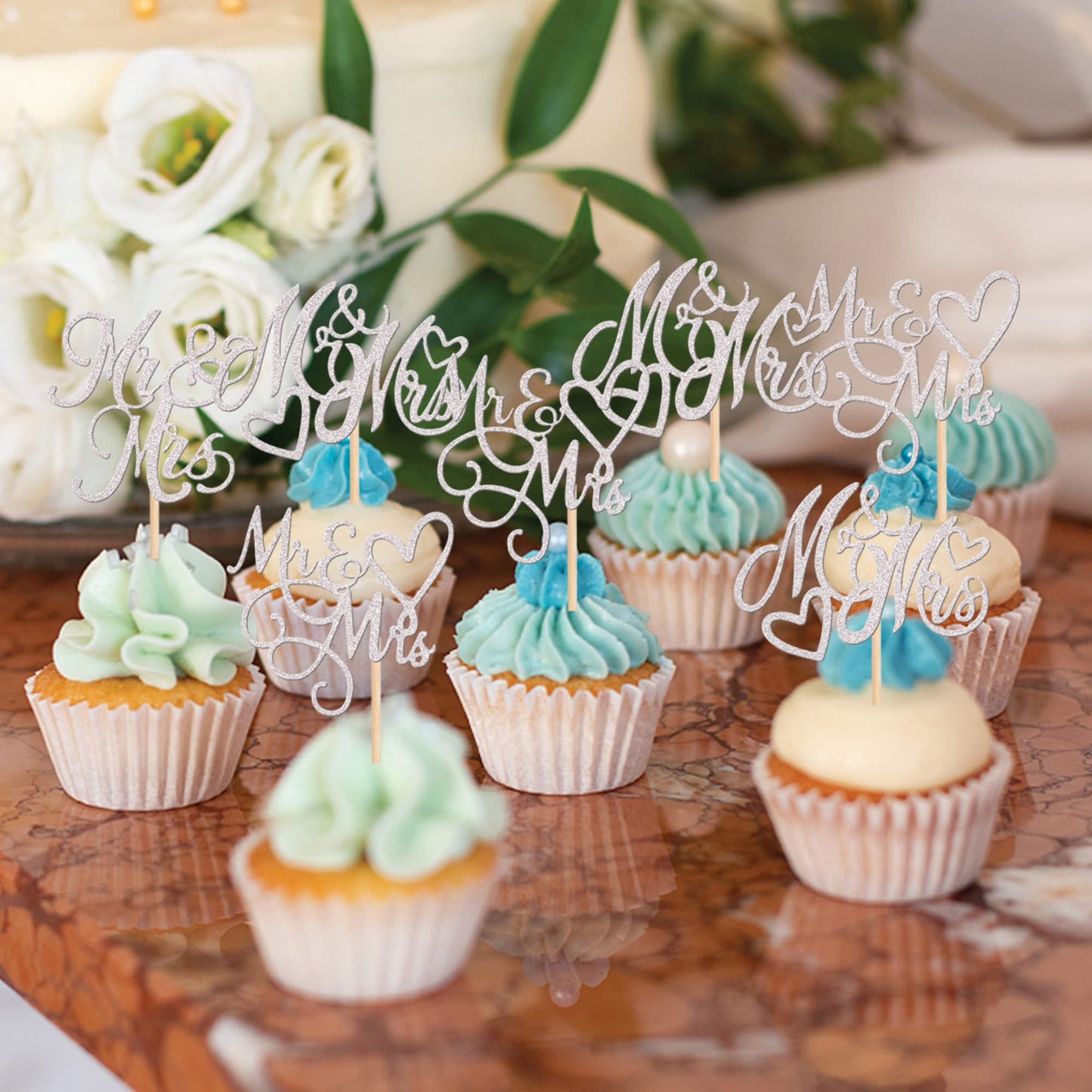 24 Pcs Mr & Mrs Cupcake Toppers Glitter Love Heart We'Re Engaged Cupcake Picks Decoration For Wedding Engagement Bridal Shower B