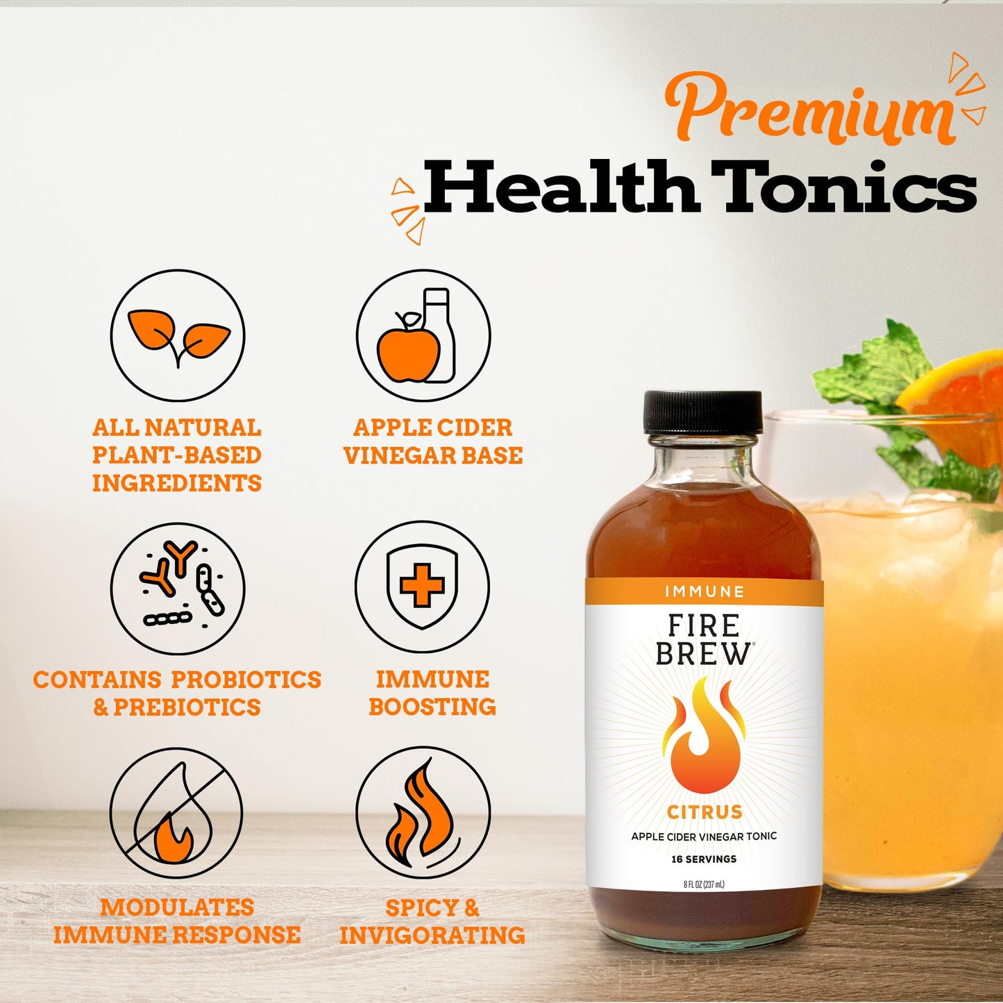 Fire Brew Immune Tonic - Citrus Apple Cider Vinegar, 8 Fl Oz, Organic Ingredients