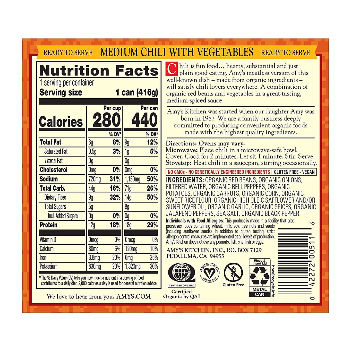 Amy'S, Chili, Gluten Free, Vegetarian, Vegetable, Organic, Medium Spice, Jalapeño Pepper, 14.7 Oz, Pack Of 12