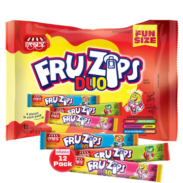 DOUzzle Fruzips Fun Size Duo, Filled Taffies Assorted Flavors (12 Count, Pack of 1) Individually Wrapped Candies, Birthday Party
