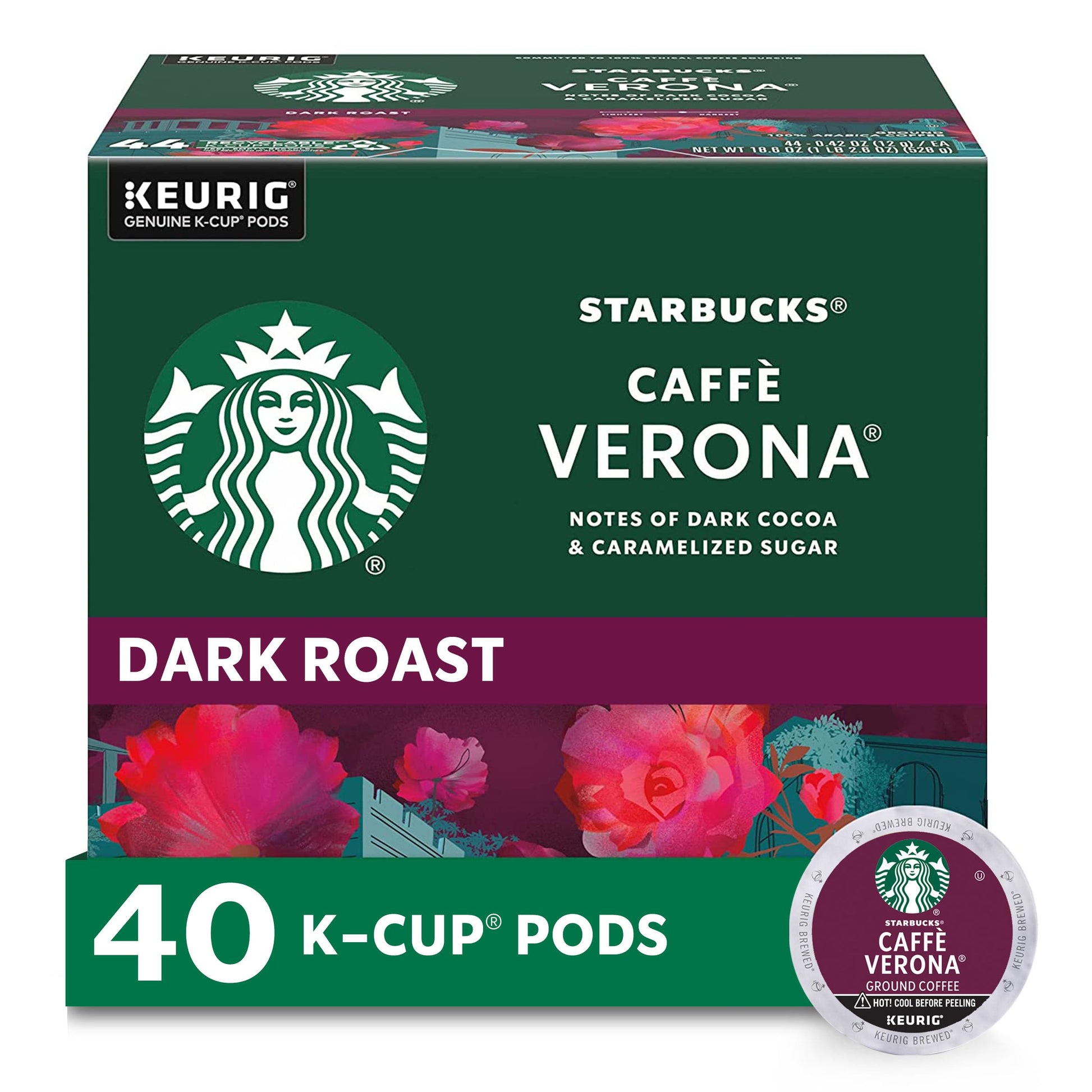 Starbucks K-Cup Coffee Pods, Dark Roast, 40 Count, Caffè Verona for Keurig Brewers, 100% Arabica