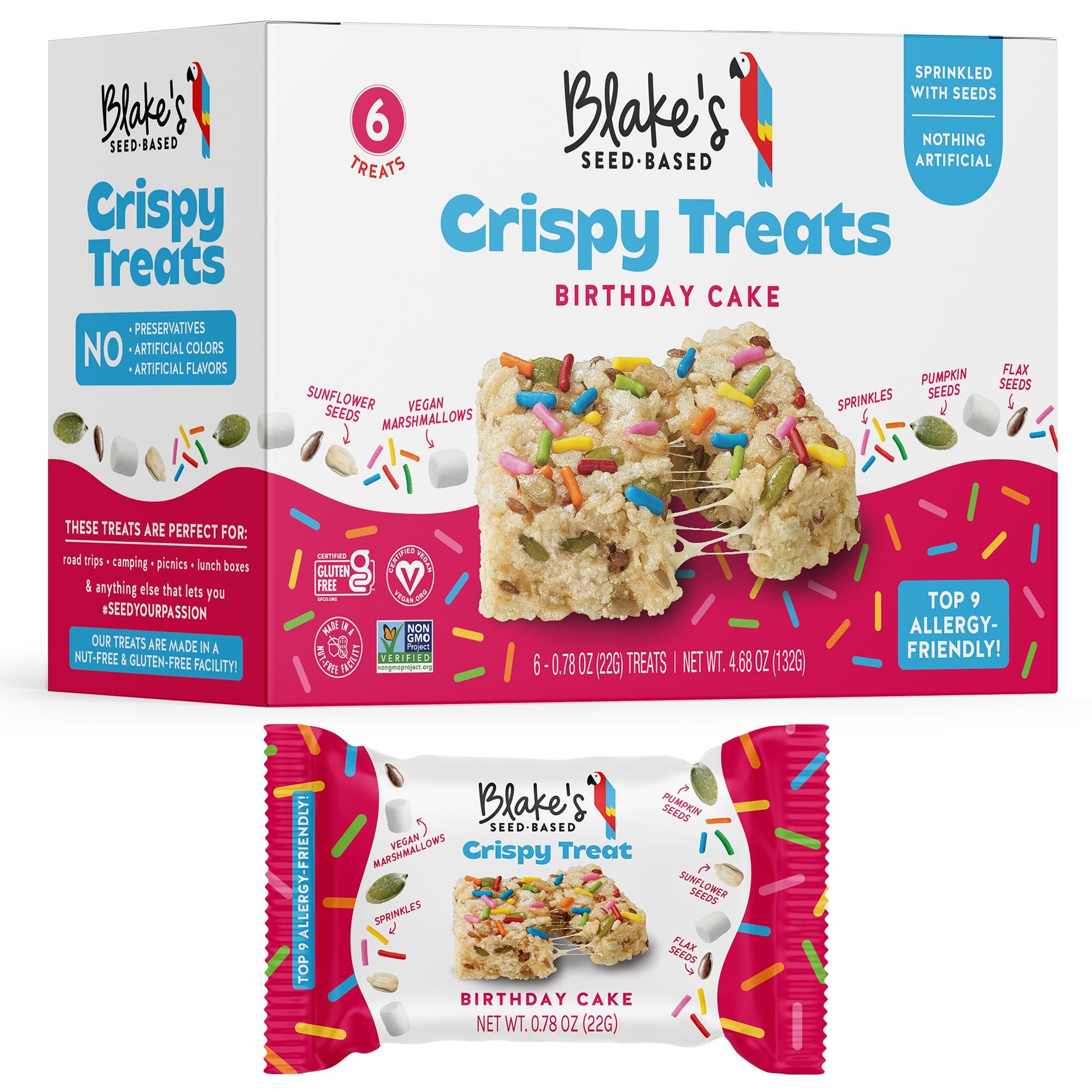 Blakes Seed Based Crispy Treats - Birthday Cake (6 Count), Nut Free, Gluten Free, Dairy Free & Vegan, Healthy Snacks for Kids or