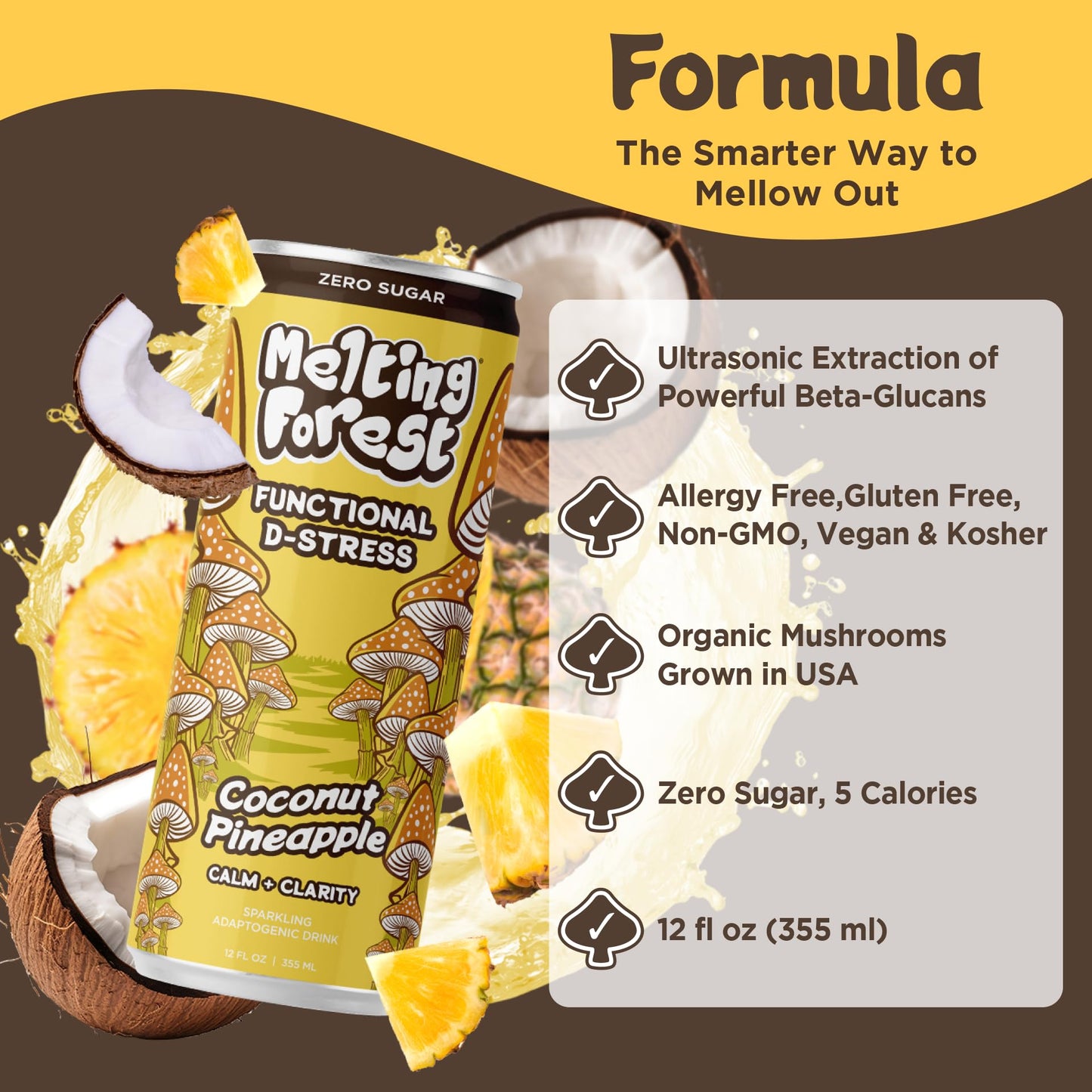 Melting Forest Mushroom D-Stress  Sparkling Adaptogen Drink with L-Theanine  Lions Mane and Vitamin B  Zero Sugar  5 Calories  Coconut Pineapple (12-Pack)